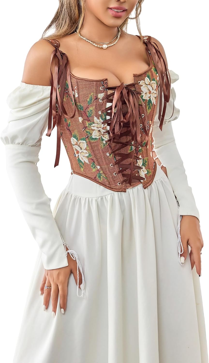 Corset Tops for Women Renaissance Lace Up Floral Overbust Boned Bustier Bodice - Image 5