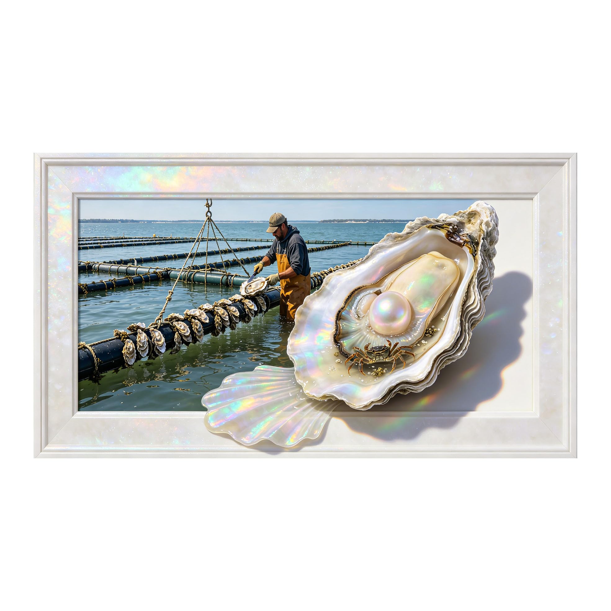 Yzpallescene 3D Framed Wall Art 50cm×100cm Coastal Oyster Pearl Marine Seascape Realistic Large Size SelfAdhesive Removable Wall Decor Prints Artwork for Living Room Bedroom Office