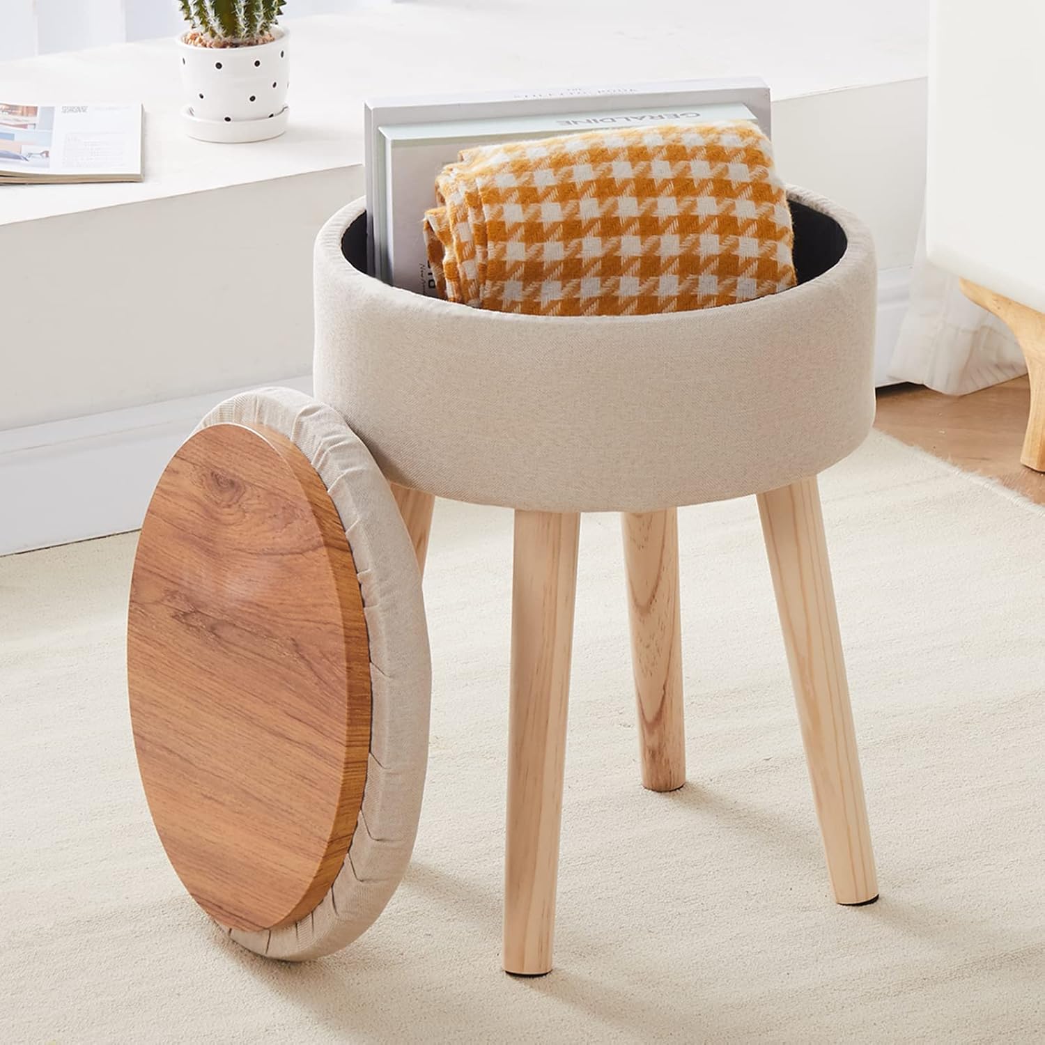Mxfurhawa Storage Ottoman Linen Round Vanity Stool Tray Top