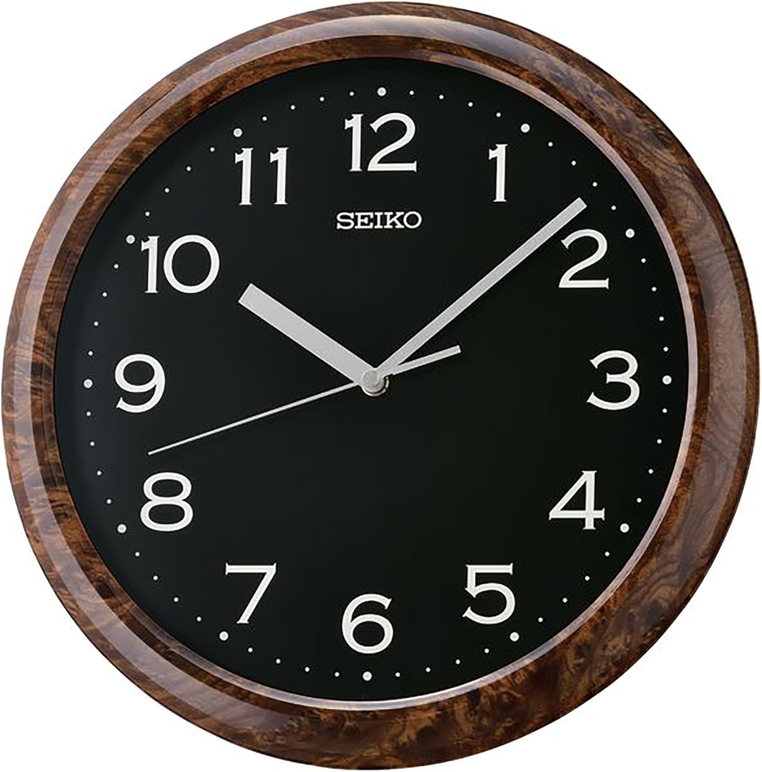 Seiko Holt - Analog Style - Arabic Numbers - Black Clock Face - 12 Inch Matte Brown Woodgrain - Easy to Read Wall Mounted Clock Time Keeper