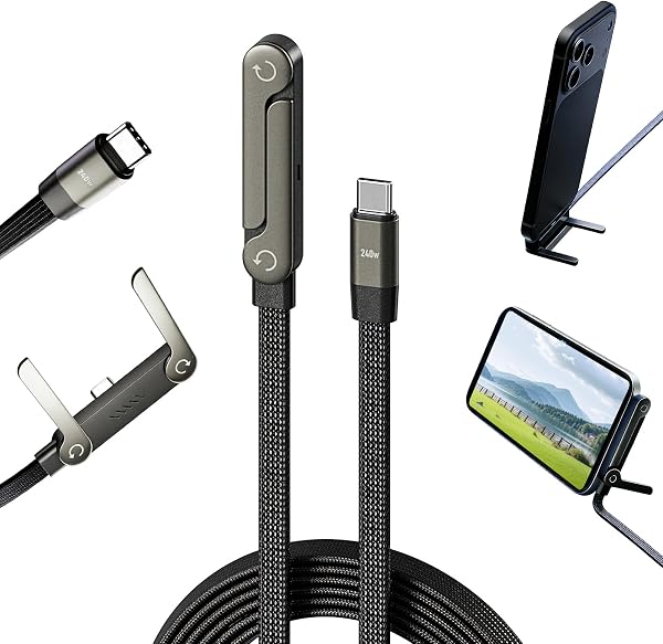 USB C Charger Cable with Stand, 1.5m 240w Fast Invisible Holder Flat Data Cable with Bendphone Accessories, Type C Sideways Charging Cable for iPhone 17 16 15 Pro Max, Samsung S25 S24 Ultra etc. (C-C) - 1