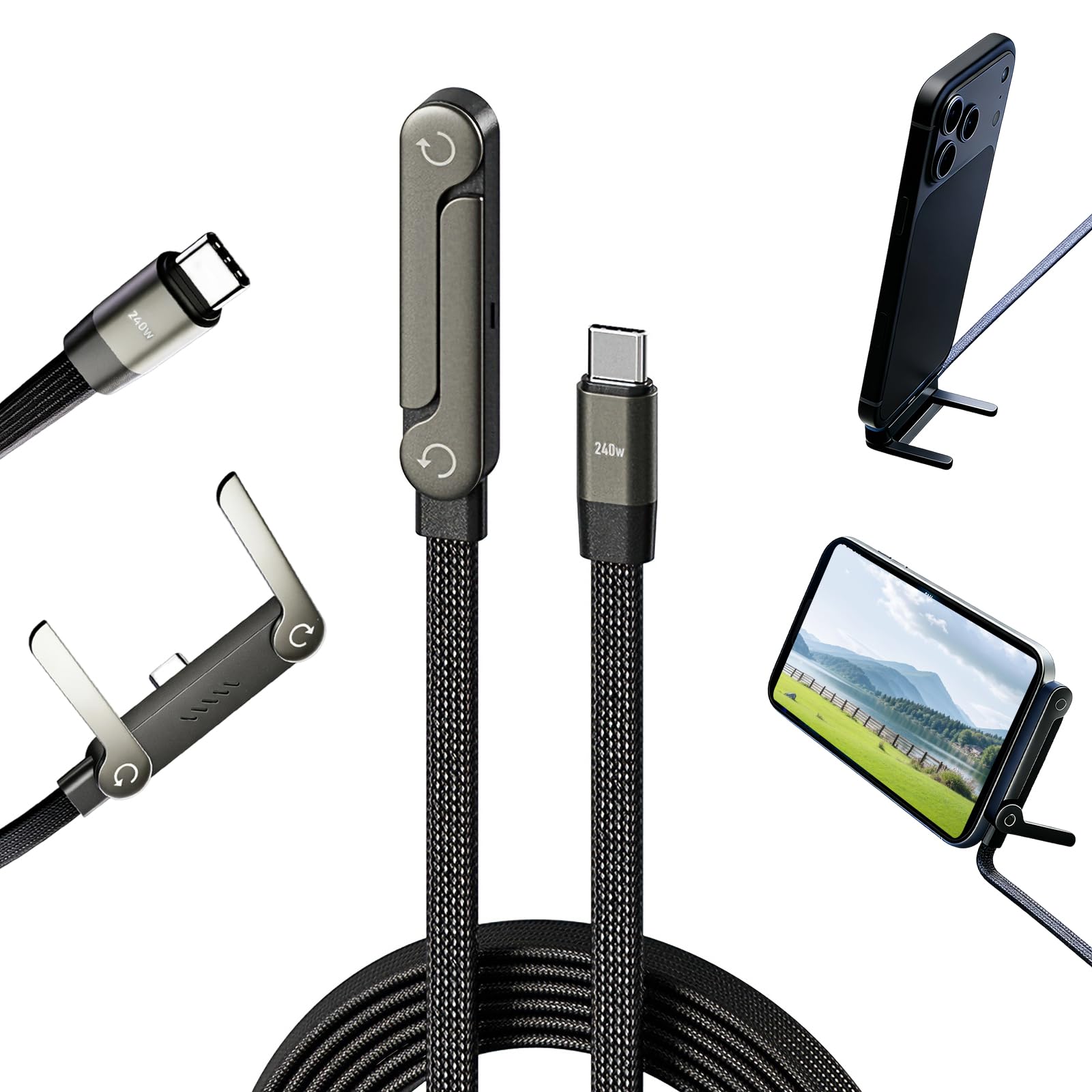 USB C Charger Cable with Stand, 1.5m 240w Fast Invisible Holder Flat Data Cable with Bendphone Accessories, Type C Sideways Charging Cable for iPhone 17 16 15 Pro Max, Samsung S25 S24 Ultra etc. (C-C)