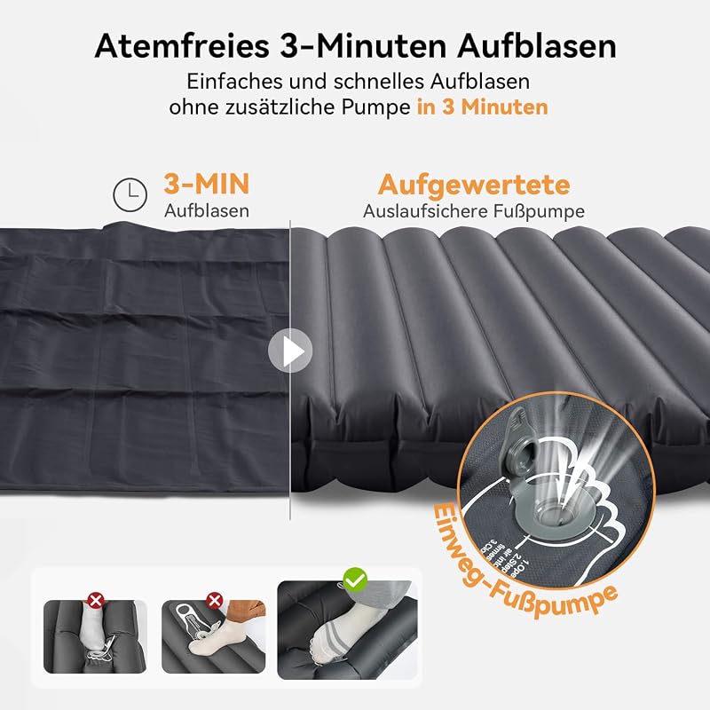 Hikenture Ultrakönnyű Dupla Kempingmatrac - 200x140x10cm Felfújható Matrac 2 Személynek, Beépített Lábpumpával, Túrázáshoz, Kempingezéshez,