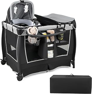 COSTWAY 6 in 1 Reisebett mit Matratze, mobile Babywiege mit verstellbarem Vordach, Babybett Beistellbett klappbar mit Wickelauflage, Spieluhr & Tragetasche für Baby bis 3 Jahre, 15 kg Belastbar (Grau)