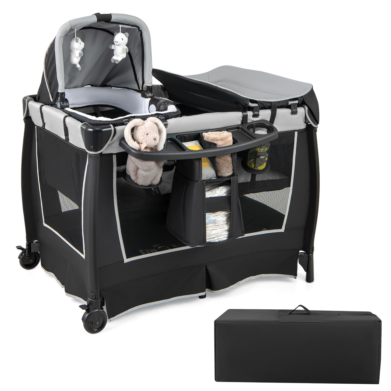 COSTWAY 6 in 1 Reisebett mit Matratze, mobile Babywiege mit verstellbarem Vordach, Babybett Beistellbett klappbar mit Wickelauflage, Spieluhr & Tragetasche für Baby bis 3 Jahre, 15 kg Belastbar (Grau)