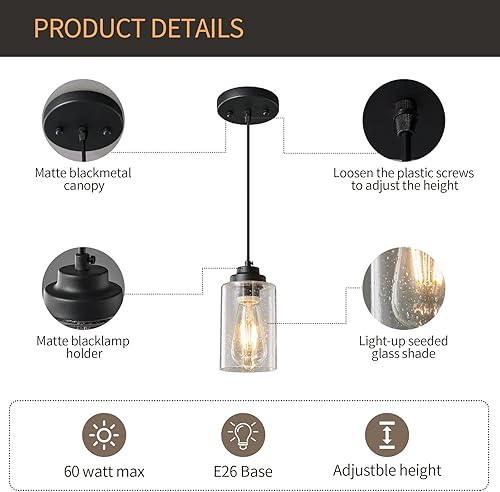 Miniatura 7 de Modernas lámparas colgantes industriales, lámpara de techo de vidrio sembrado, iluminación de granja negra para cocina, isla, pasillo, dormitorio,