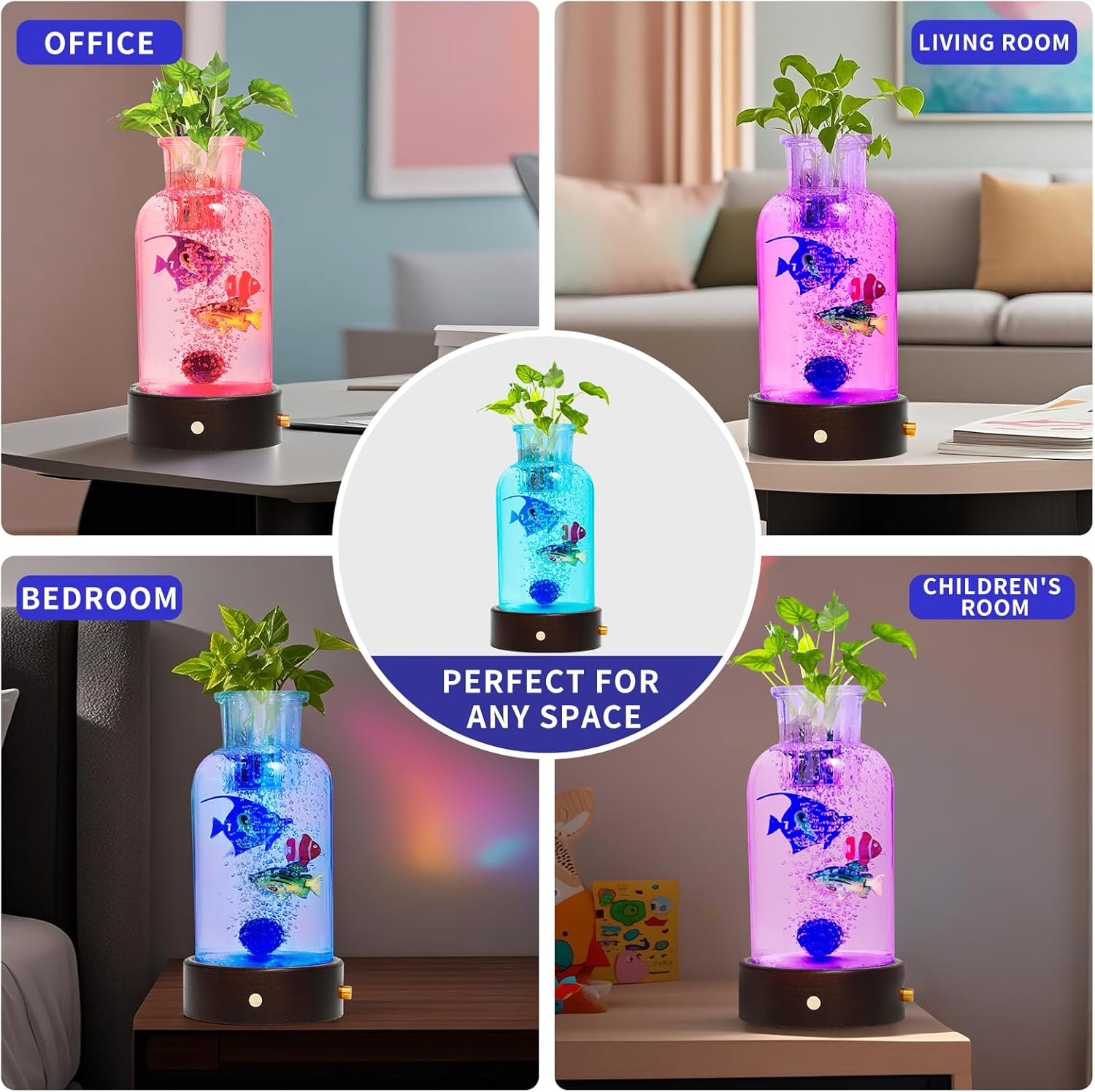 0.8ft Sensory Bubble Aquarium with 3 Fake Fishes, 16-Color Remote Control Night Light, Mini Glass Tank with Fake Plants & Wood Base, Air Pump Style Desktop Decor, Home Decor Gift for Kids & Adults.