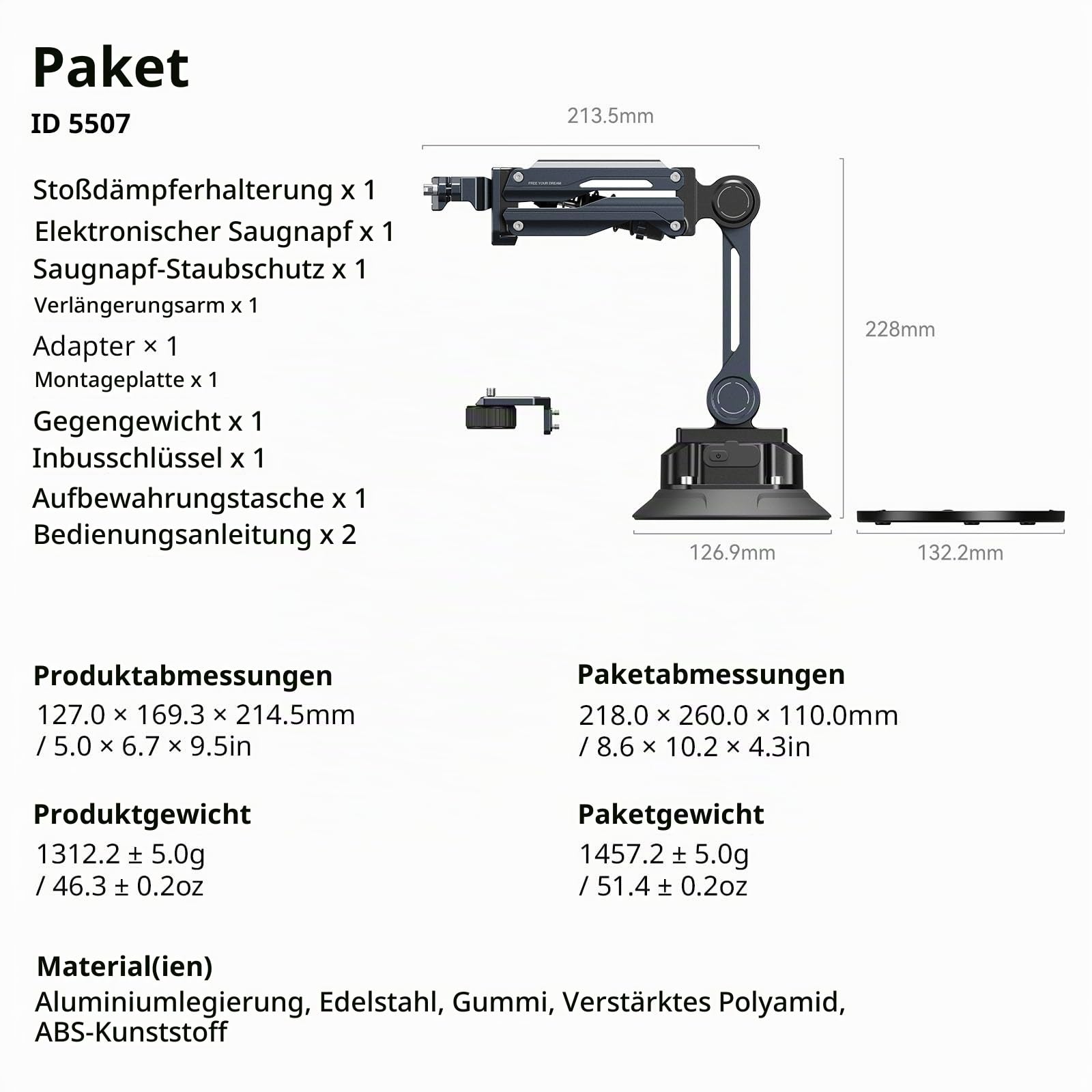SMALLRIG 5'' Vakuum Saugnapf, elektronischem Stoßdämpfer, hydraulischer Dämpfung, für DJI Osmo Pocket 4/Osmo Pocket 3/Action 5 pro/für GoPro HERO13 / für Insta360 X5 / für Insta 360 Luna Ultra– 5507