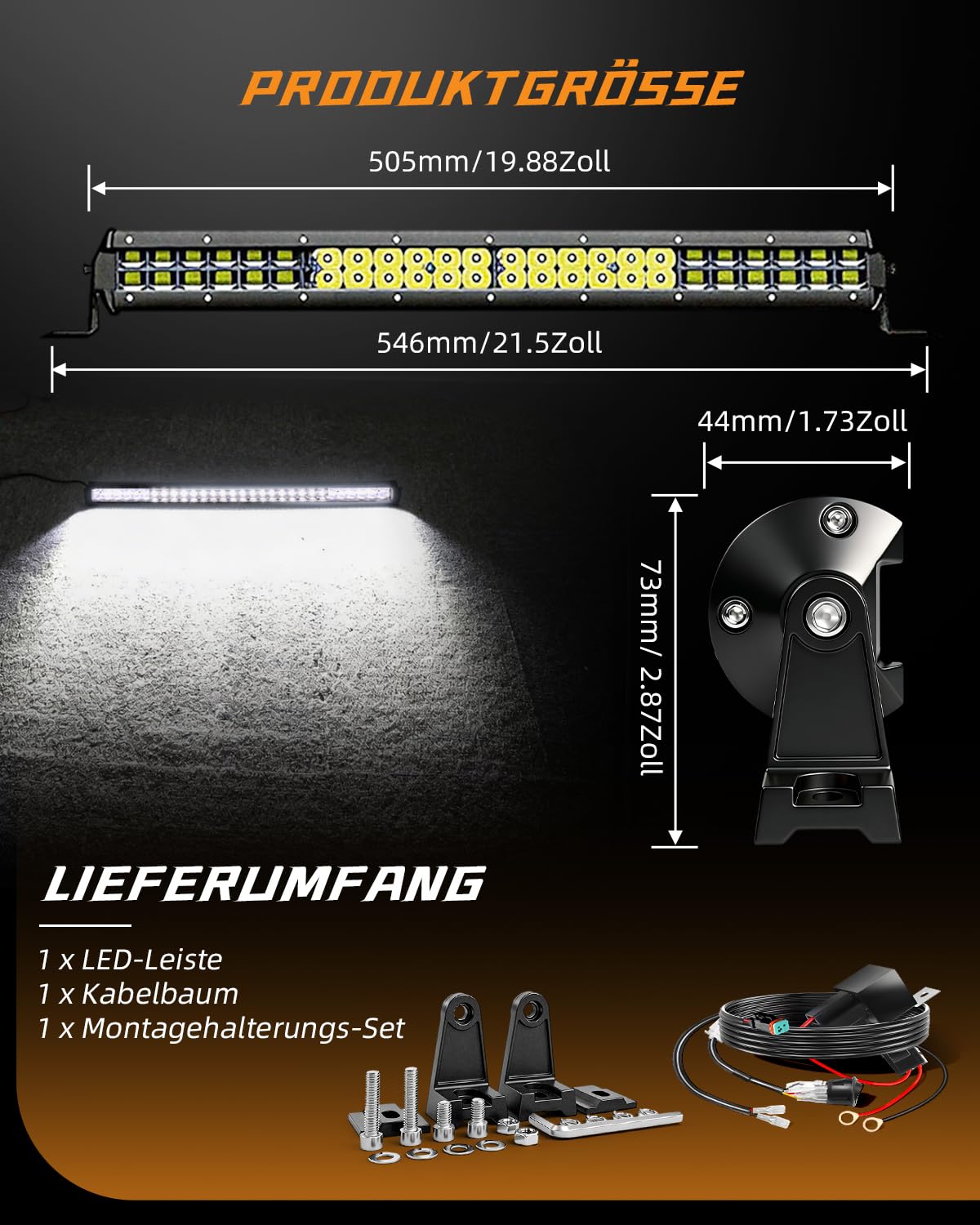 CO LIGHT 20 Zoll Light Bar Auto 55W 25000LM LED Balken Auto E-Geprüft Flutlichtstrahl Spotstrahl Kombiniertes Licht Für 4x4 LKW Auto ATV Buggy Traktor Wiring Harness Kit