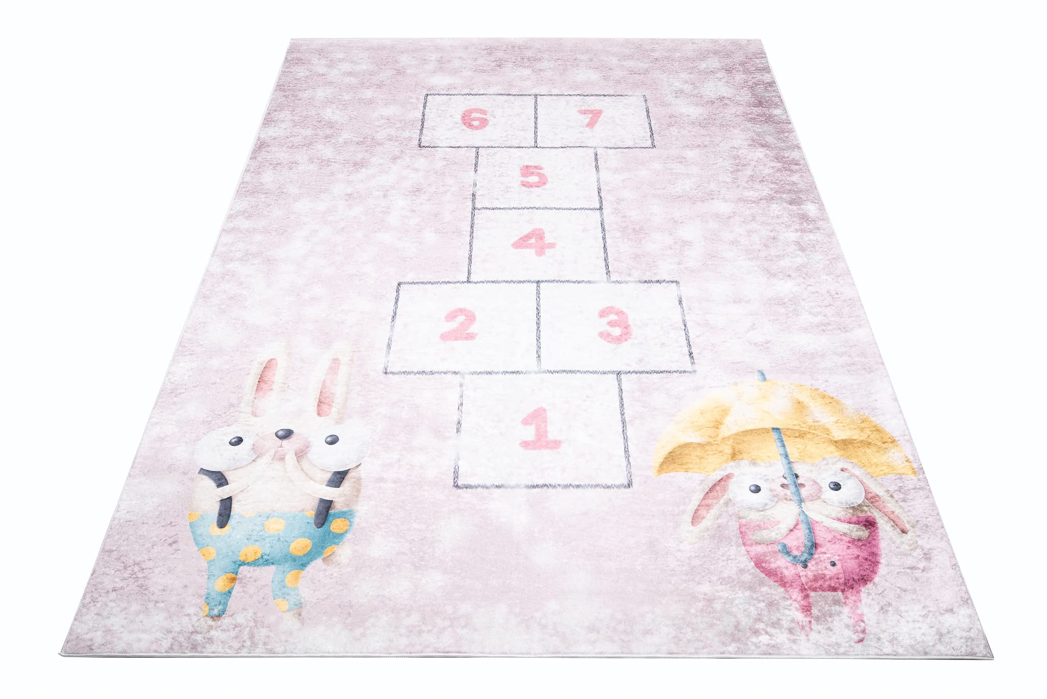 TAPISO Emma Teppich Waschbar bei 30 Grad Rosa Hasen Hüpfspiel bedruckter Kinderteppich Antirutsch Kinderzimmer Jugendzimmer Modern ÖKO-TEX 140 x 200 cm