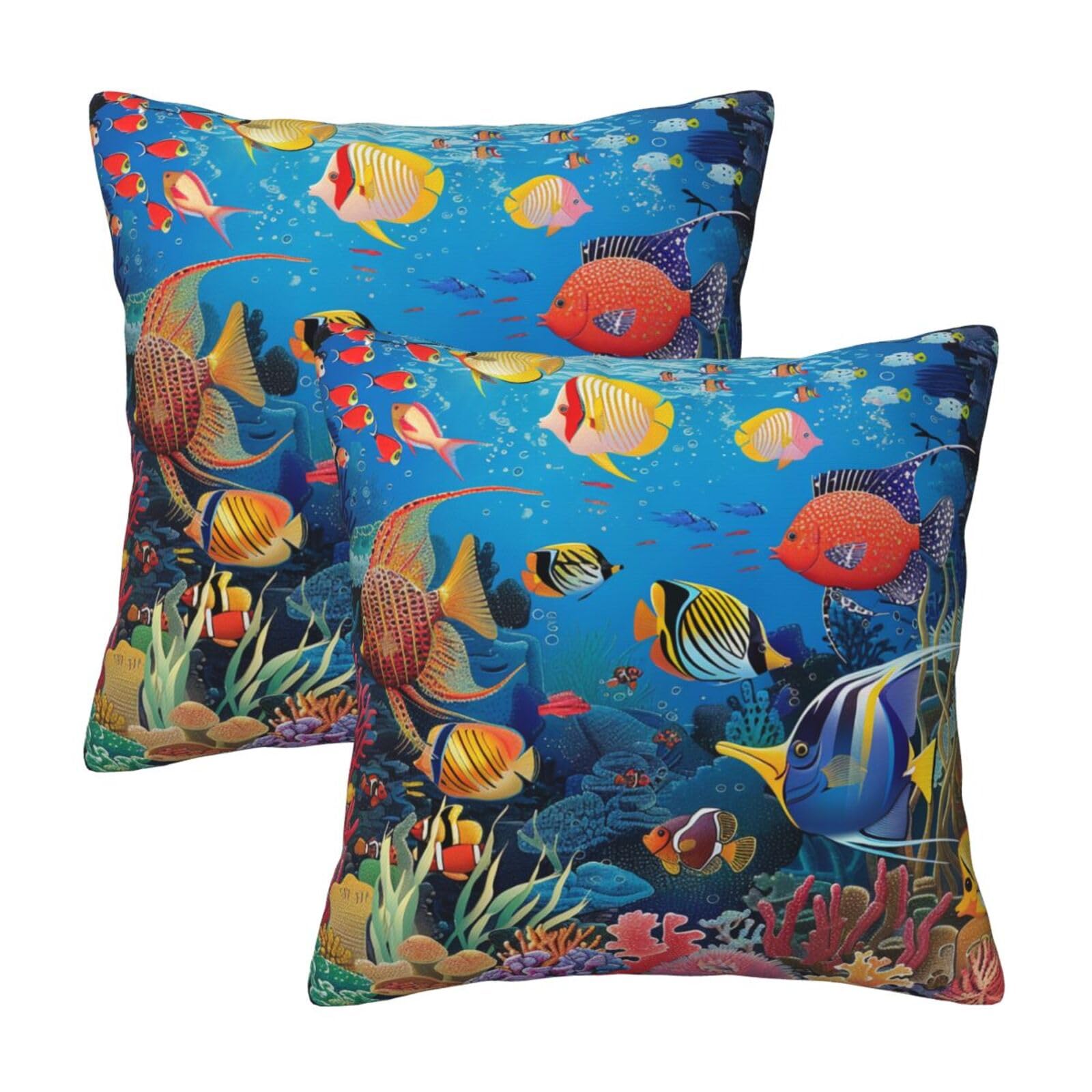 kkvhhyuo The Underwater World Tropical Fish Print Pillow Covers Set of 2, Square Decorative Cushion Covers with Hidden Zipper, Throw Pillow Cases for Living Room Sofa Bed Chair, 50x50 cm
