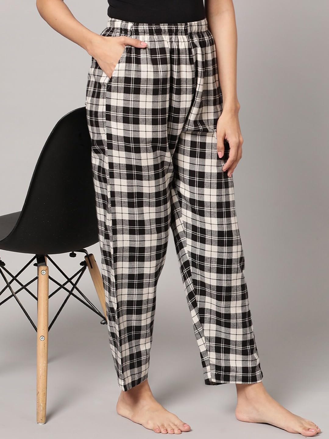 KRYPTIC Women Black/Cream Checked Lounge Pyjama - Pure Cotton, Relaxed fit, Ultra Soft(Black/Cream ;XL) - Image 5 thumbnail