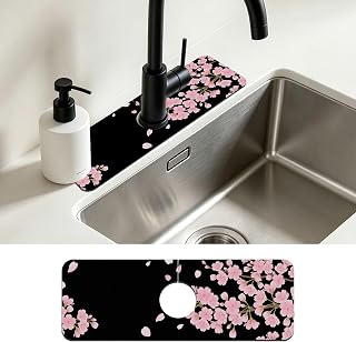 Faucet Mat for Kitchen Sink Romantic Cherry Blossoms Sink Splash Guard Behind Faucet Soft Diatom Mud Material Non-slip Easy to Clean for Bathroom & Kitchen 15"X5.5"
