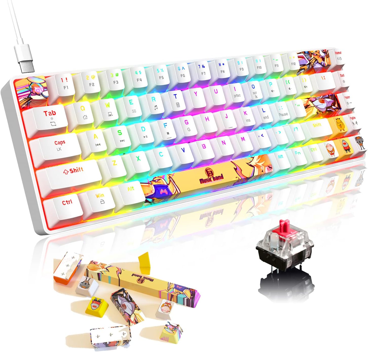 Portable 60% Mechanical Gaming Keyboard 18 Chroma RGB Backlit Ultra-Compact 68 Keys Dye Sublimation PBT Ergonomic Full Keys Anti-ghosting Compatible with PS4,PS5,PC,Gamers,Typist(White/Red Switch)