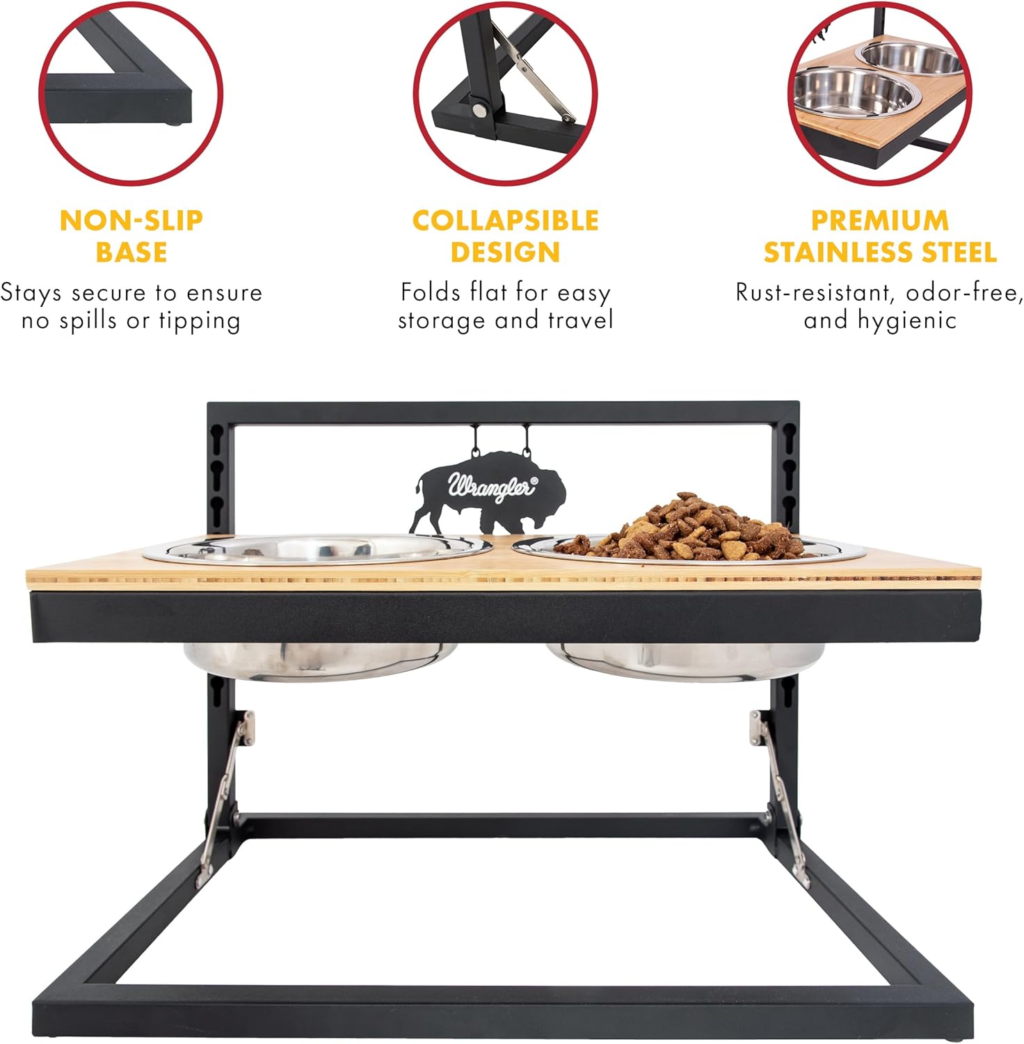 Wrangler Rope Elevated Dog Bowl – Adjustable Dog Bowls for All Pets - Lifted Pet Bowl Stand with Non-Slip Base, Food & Water Dish for Best Digestion - Stainless Steel, Easy to Clean