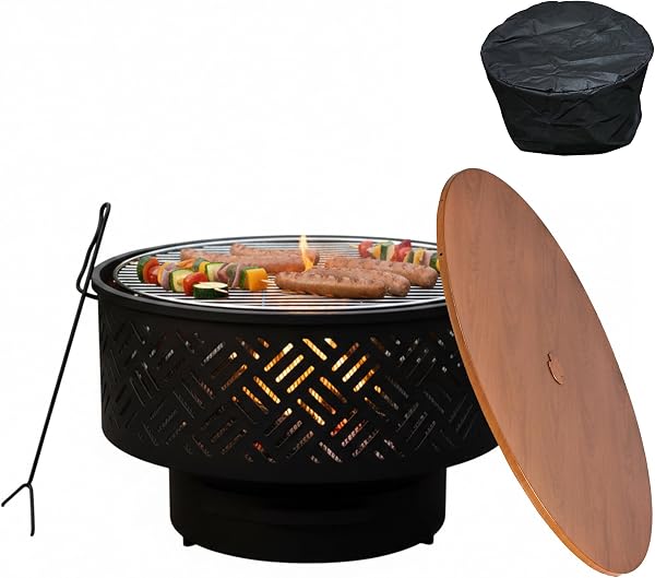 Relaxdays Feuerschale, Ø 66 cm, mit Grillrost, Deckel, Schürhaken & wasserdichter Abdeckung, Feuerstelle, schwarz/Natur - 1