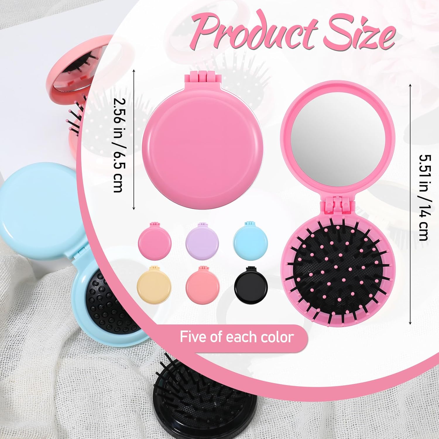 30 Pcs Foldable Travel Hair Brushes with Mirror, Round Compact Travel Hair Brush, Compact Travels Size Massage Comb for Men and Women, 6 Colors
