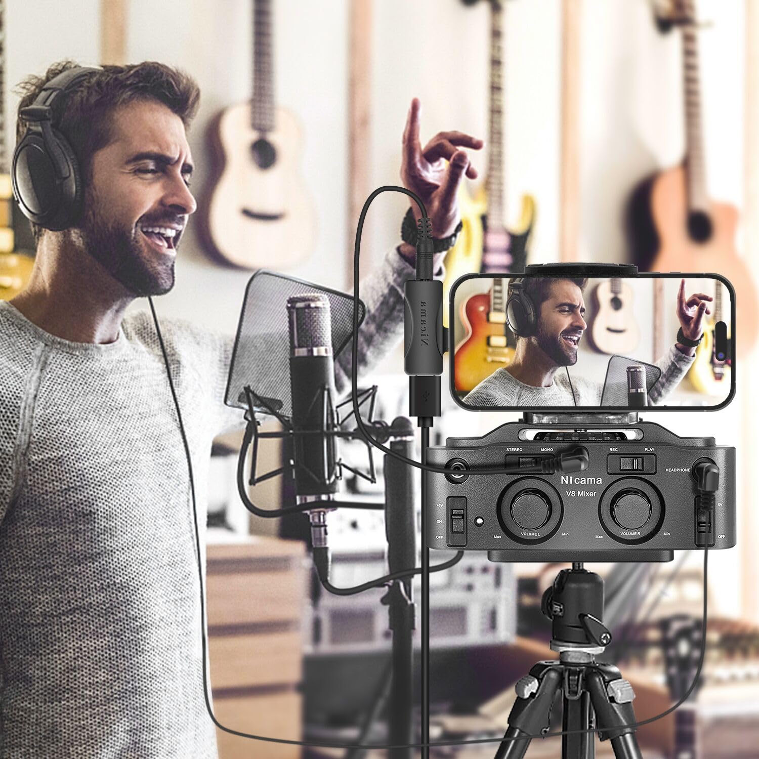 Nicama V8 2-Kanal Mikrofon Preamp mit XLR/3.5/6.35mm Eingang, Audio Adapter Mixer für Shotgun Mikrofon, Guitar Bass, DSLR Kameras, iPhone Tablet Smartphones Singen Recording