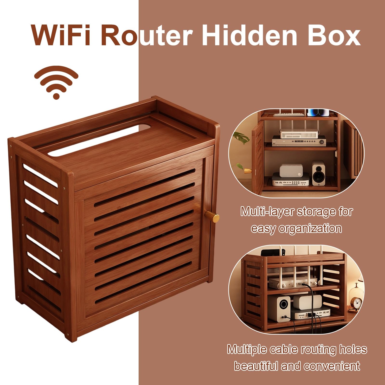 Caja De Almacenamiento WiFi De Bambú, Mueble Organizador De Cables Y Regleta, para hogar y Oficina(40 * 28 * 43cm/15.8 * 11 * 16.9in)