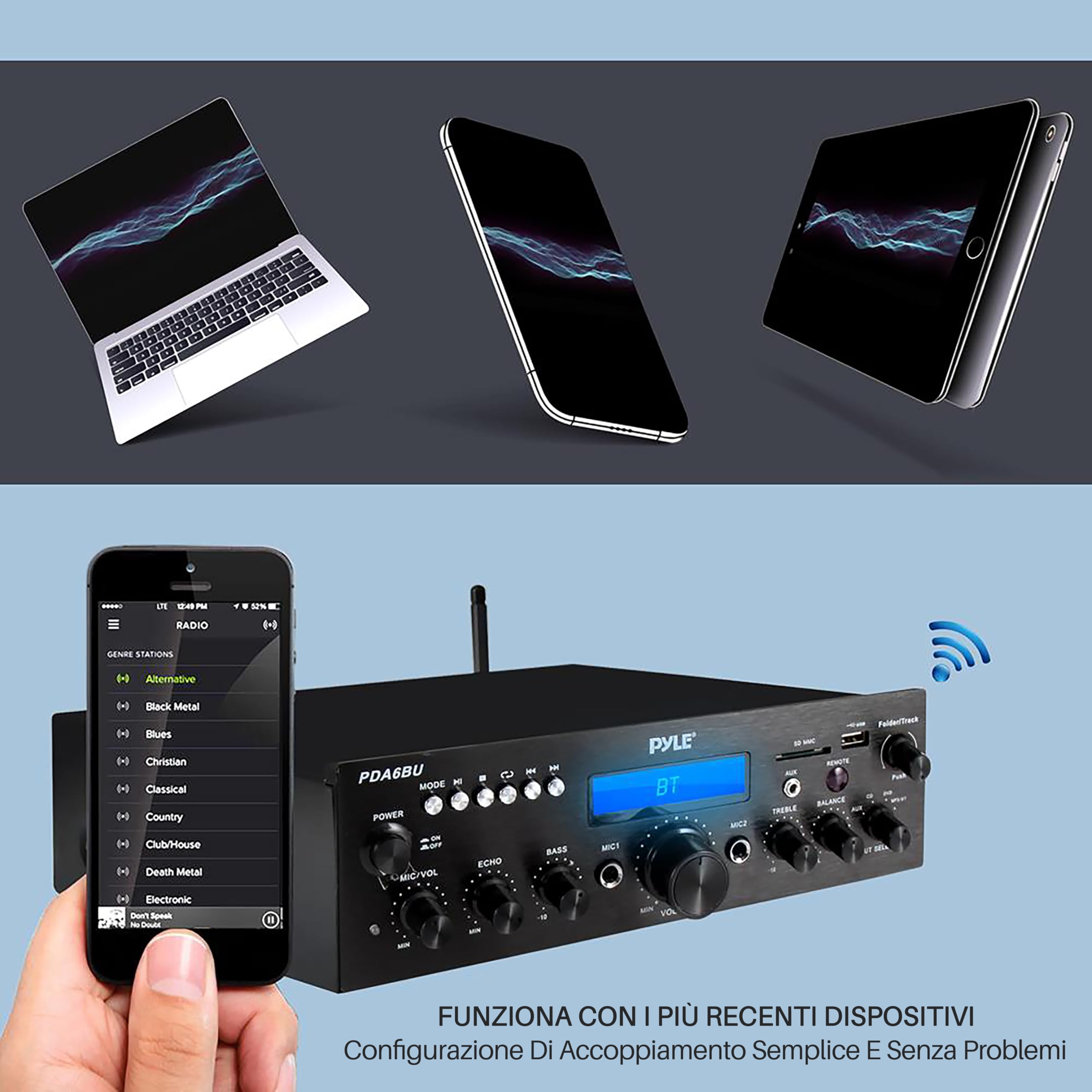 Pyle Sistema Amplificatore Audio Bluetooth, 200 Watt Potenza di Picco, Dual Channel, Audio Stereo, USB, SD, AUX, Ingresso MIC con Effetto Eco, Radio, Display LCD, Ingressi RCA