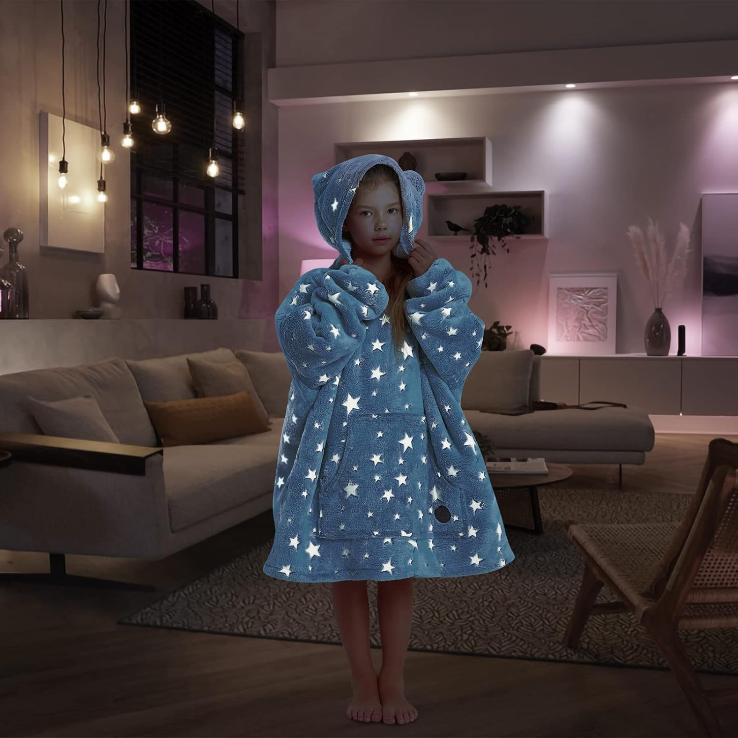 THREE POODLE Wearable Blanket Hoodie for Kids, Oversized Sherpa Sweatshirt Blanket with Giant Hood, Warm Cozy Hooded Blanket, Cute Gifts for Kids Girls Boys Luminous Star Kids