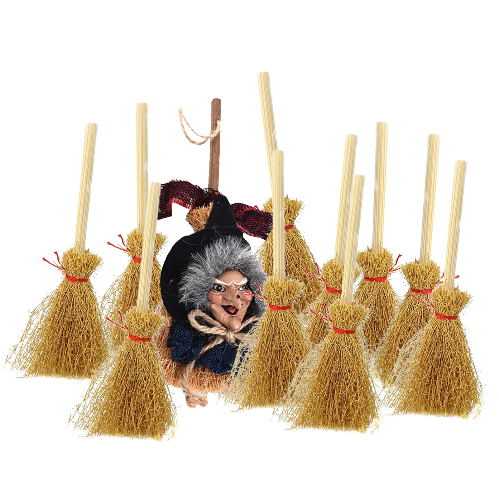 Mini-Strohbesen Für Halloween – 20 Stück, Mit Rotem Seil, Deko Für Hexenkostüme & Party