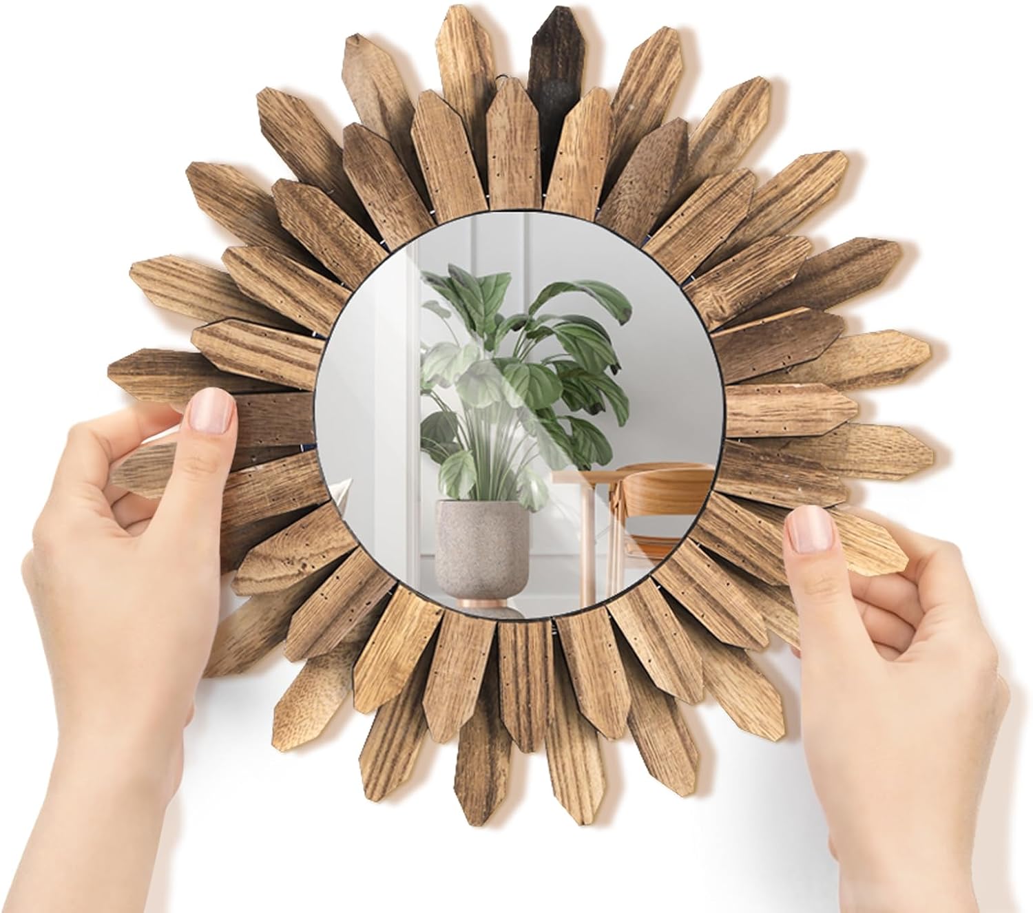 Eorbow Wall Mirror Decorative, 12 inch Small Rustic Wood Boho Mirrors, Clear Sunburst Mirrors for Home Farmhouse Bedroom Entryway Decor House Warming Gifts New Home, No Distortion