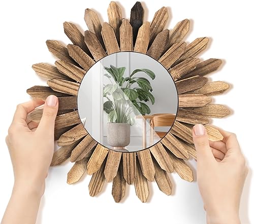 Miniatura 4 de Espejo de pared decorativo, espejos bohemios pequeños de madera rústica de 12 pulgadas, espejos transparentes con rayos solares para el hogar,