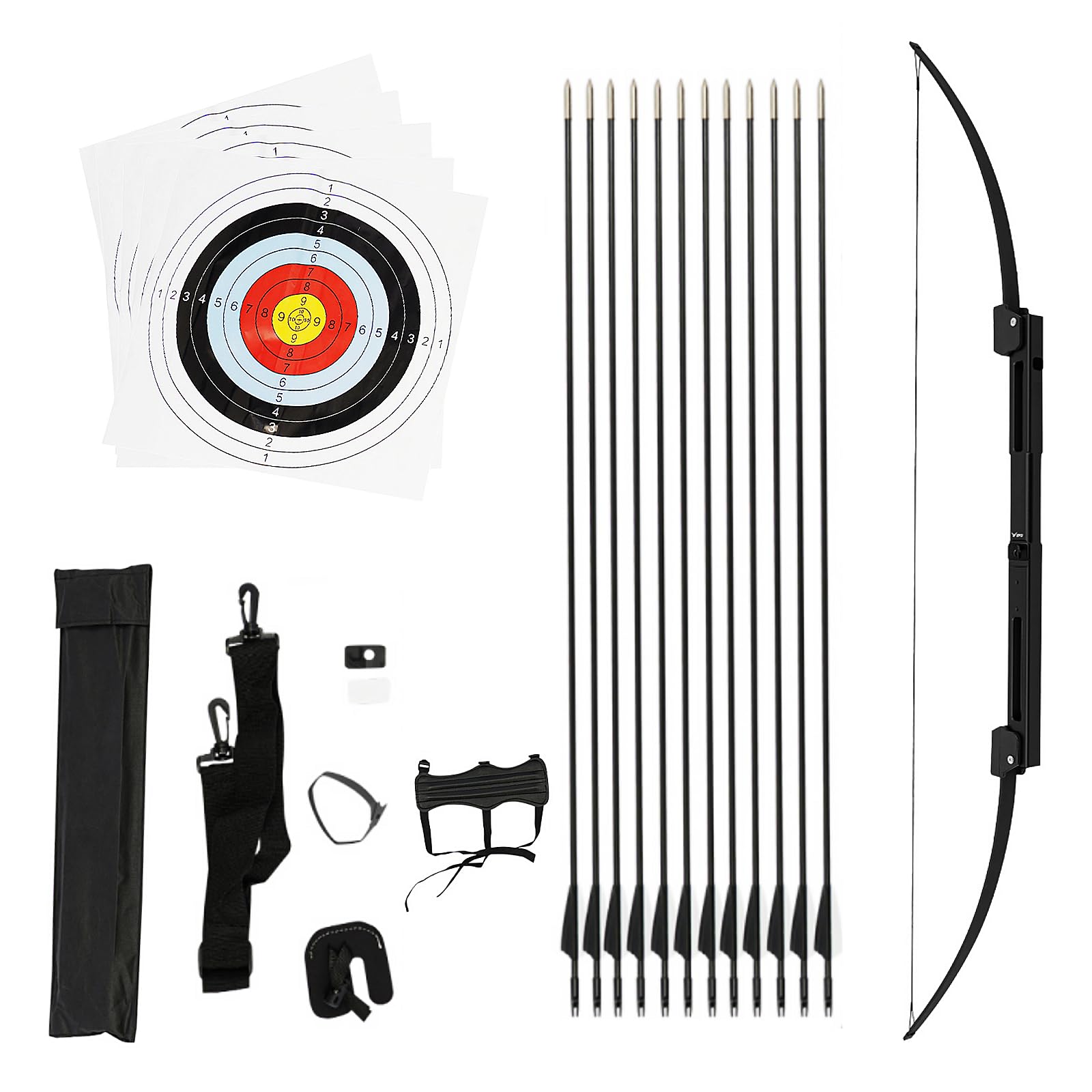 Pfeil und Bogen Erwachsene Set 40lbs Recurvebogen Erwachsene für Rechts Professionell Bogenschießen Set mit 5 Zielscheiben, 12 Glasfaserpfeile, Armschutz, Fingerschutz Sportbogen