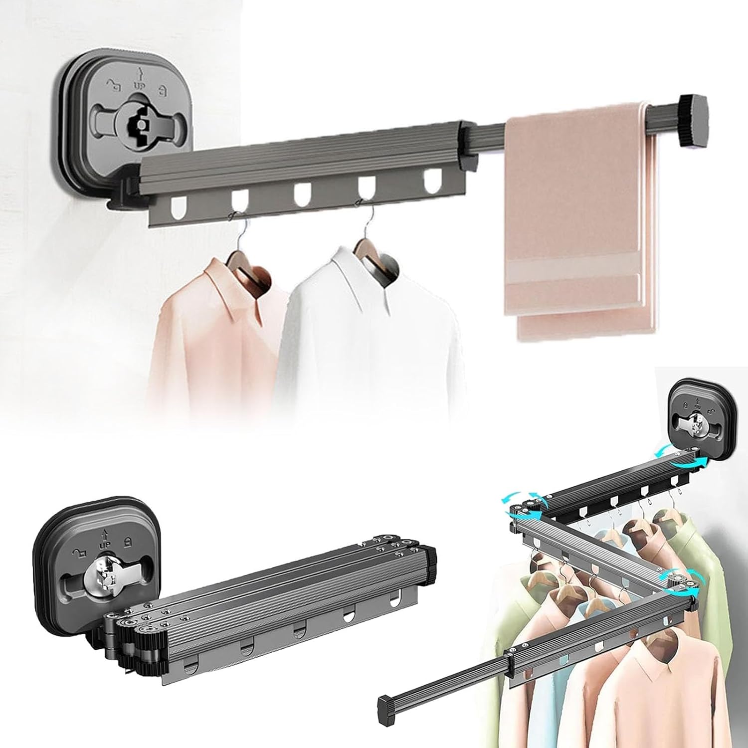 Aluminium Tri-Folding Clothes Hanr with Suct Cups - 13.4" Wall-Mounted Space-Saving Drying Rack for Balcony, Bathroom, Bedroom, Laundry, and Closet nizat