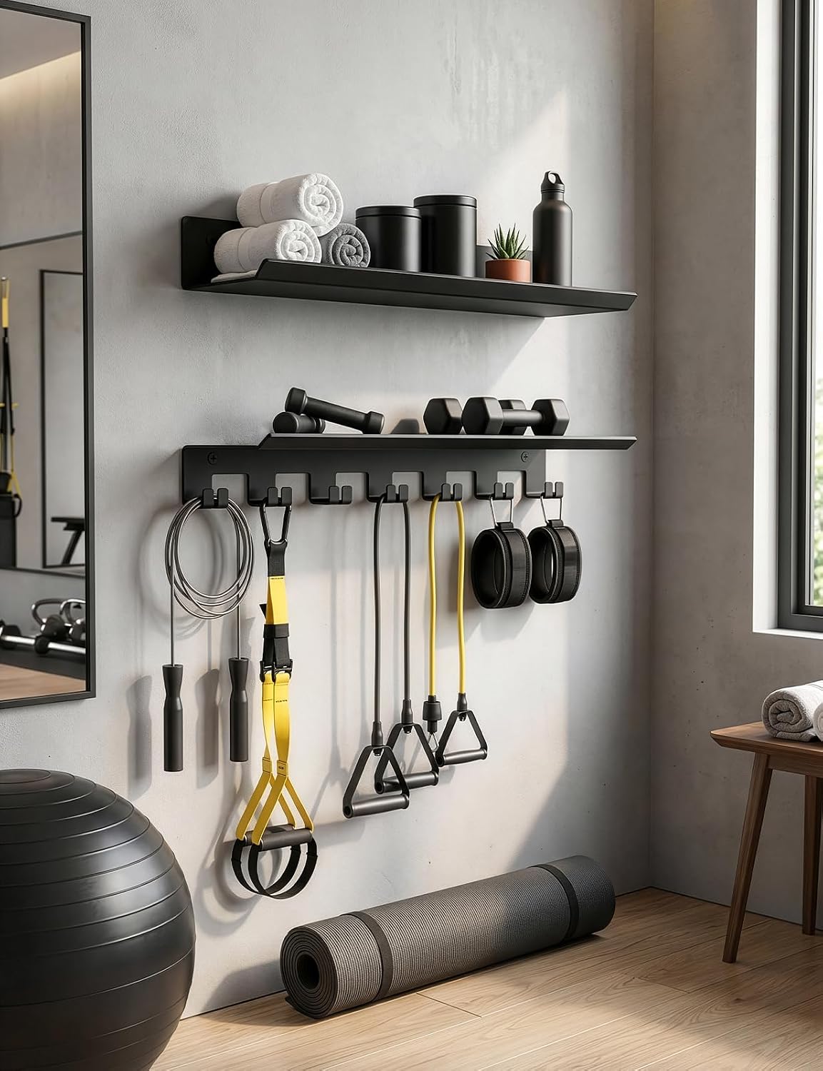 sogiv 2-Tier Floating Shelf Compatible with Tonal Accessories, Heavy Duty Wall Mount Home Gym Storage Rack with 7 Hooks, T-Bracket Lock Adapters Hanger, Workout Equipment Organizer