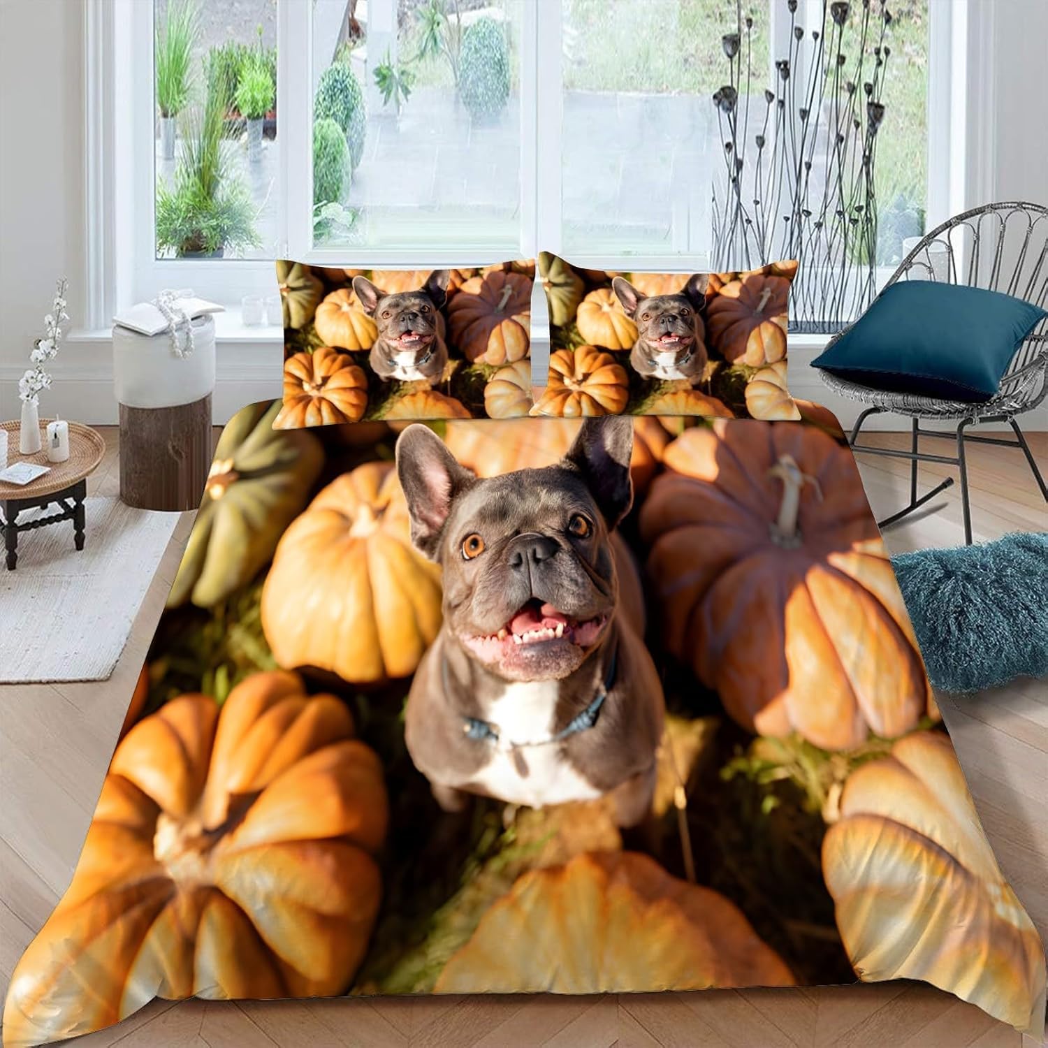 Housse de couette 140x200 citrouille bouledogue, le cadeau idéal pour fan de chien et de literie