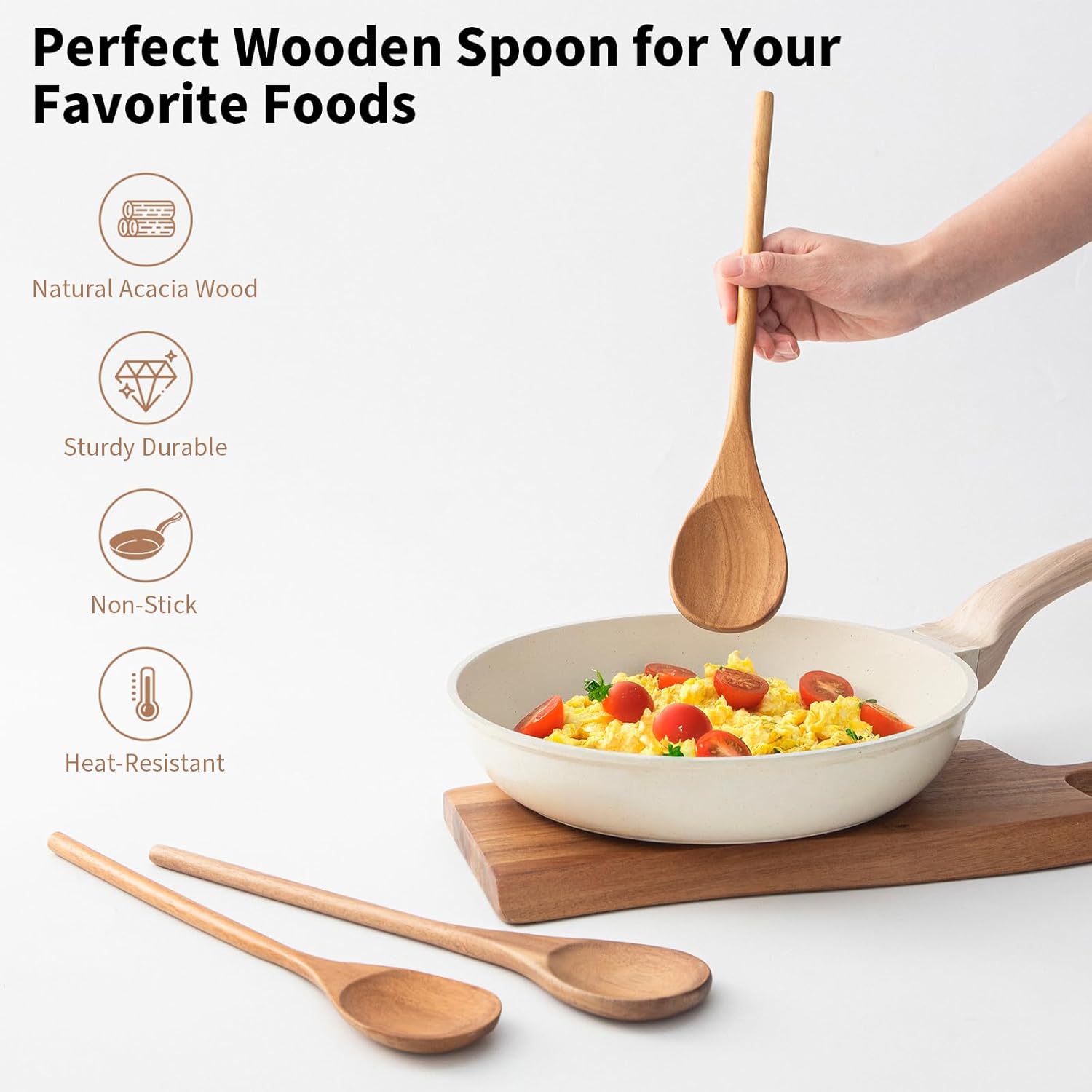 Wooden Spoons for Cooking - Long Wooden Spoon, Good Grip Natural Premium Wooden Spoons,Serving Spoons Heat Resistant Wood Spoons for Nonstick Cookware Cooking Gifts