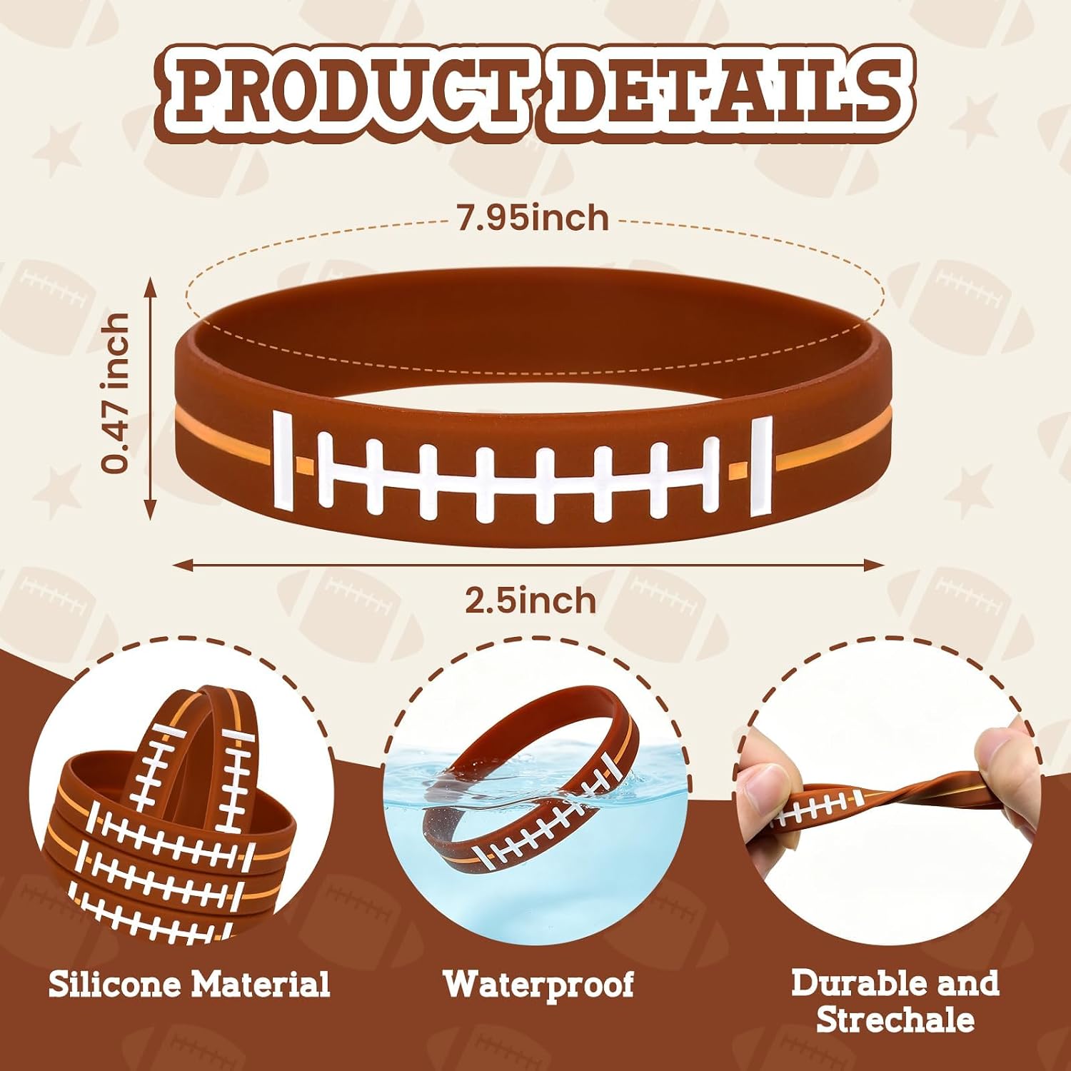 120 Pcs Football Silicone Bracelets Stretch Rubber Wristbands | Football Birthday Party Favors Goodie Bags Stuffers Easter Basket Stuffers for Sports Party Supplies Gifts