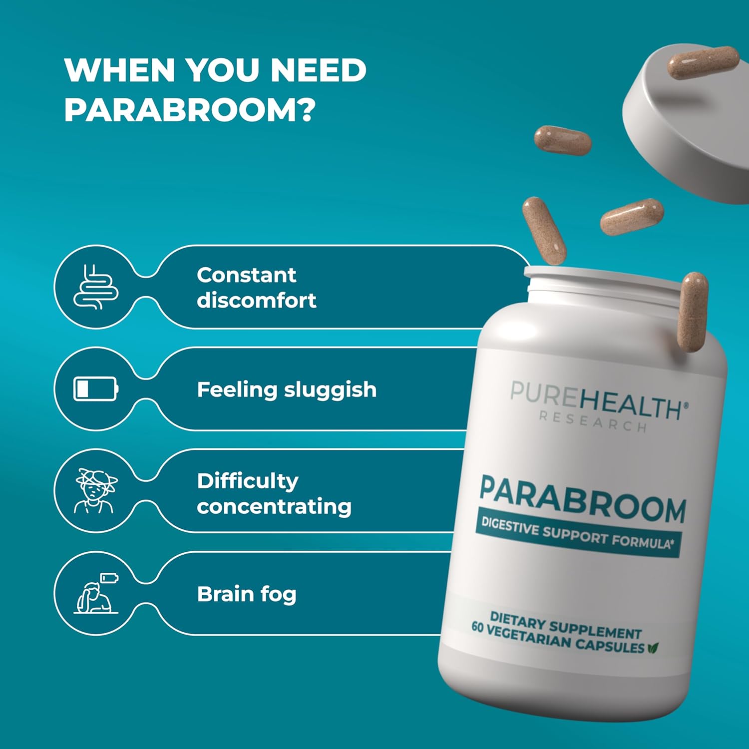 PUREHEALTH RESEARCH Parabroom - Gut Cleanse & Health Supplement - with Black Walnut, Sweet Wormwood Powder, Turmeric Extract, Olive Leaf, Garlic & Onion - Digestive Support for Women & Men 60 Capsules - Image 4