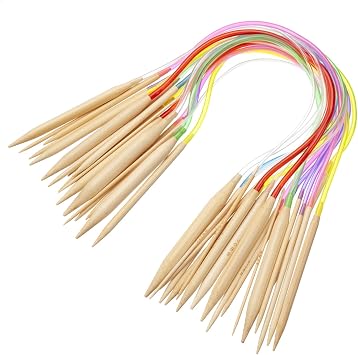 Bamboo Circular Knitting Needles 16 Inch for Beginners, 18 Pairs Wooden Round Knitting Needles for Yarn with Colored Plastic Tube, 18 Sizes US 0-15 2-10mm, Double Pointed Flexible Knitting Needles