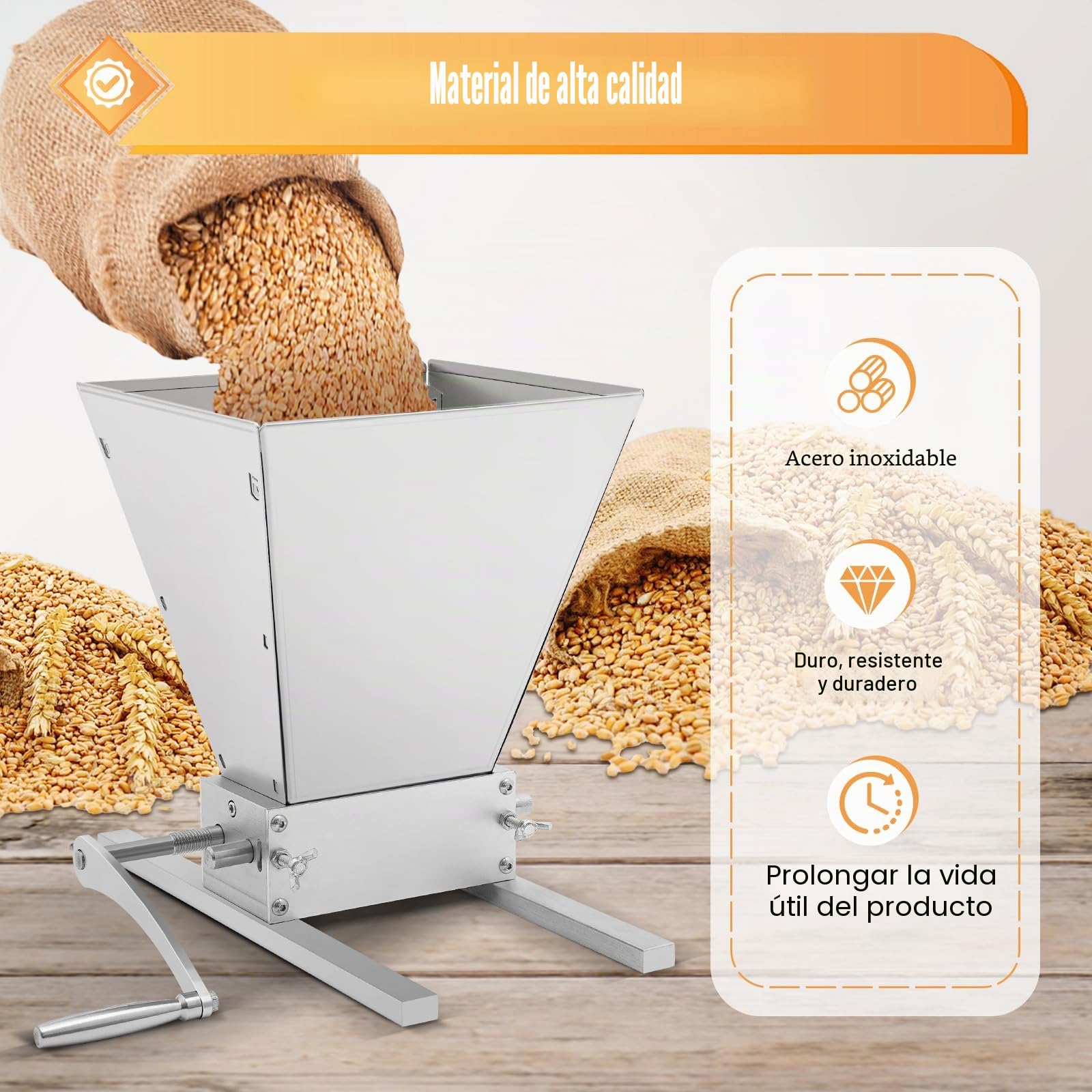Trituradora de cereales manual 4 l, molinillo de granos, 26 cm, 2 rollos regulables 8 lbs/min, para cebada, trigo y otros granos