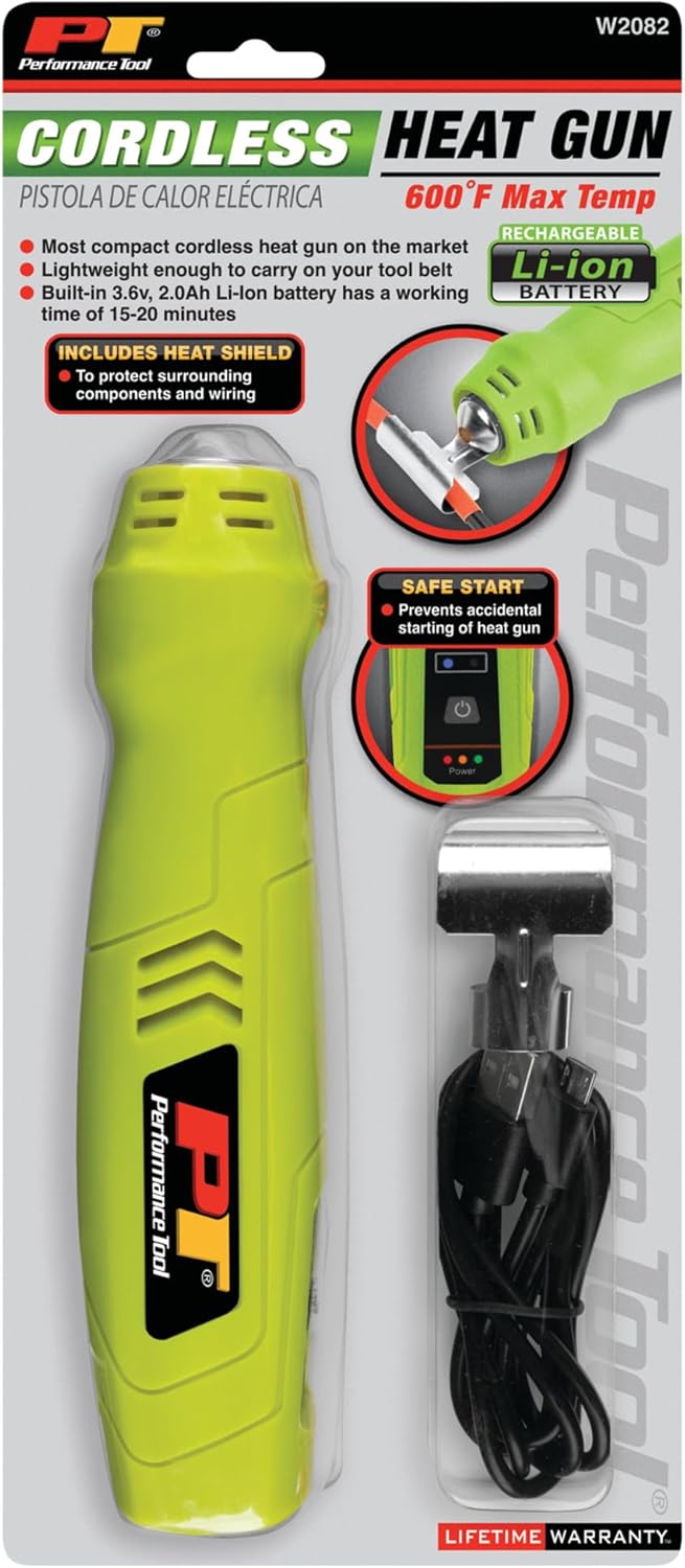 Performance Tool W2082 Compact Rechargeable Cordless Heat Gun, 600 Degree Max Output, Vinyl Wrap, Shrink Tubing, Wire Connectors, Crafts, Phone Repair