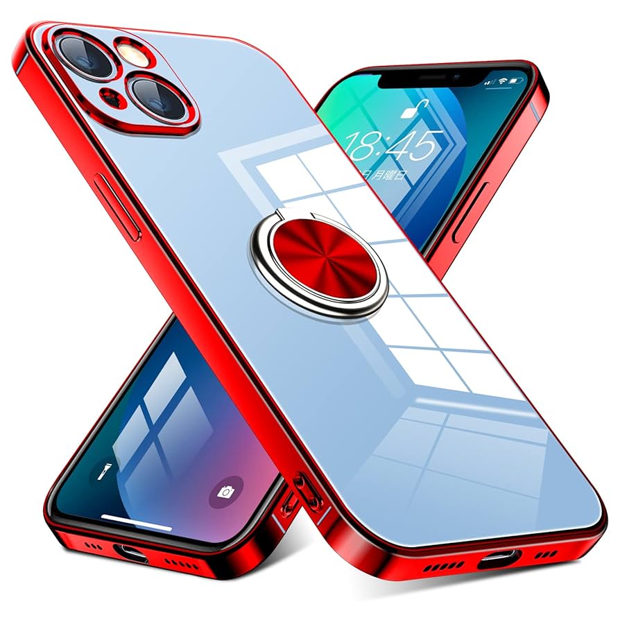 iPhone 13mini 滑り止め 指紋防止 携帯カバー 赤 リング付き