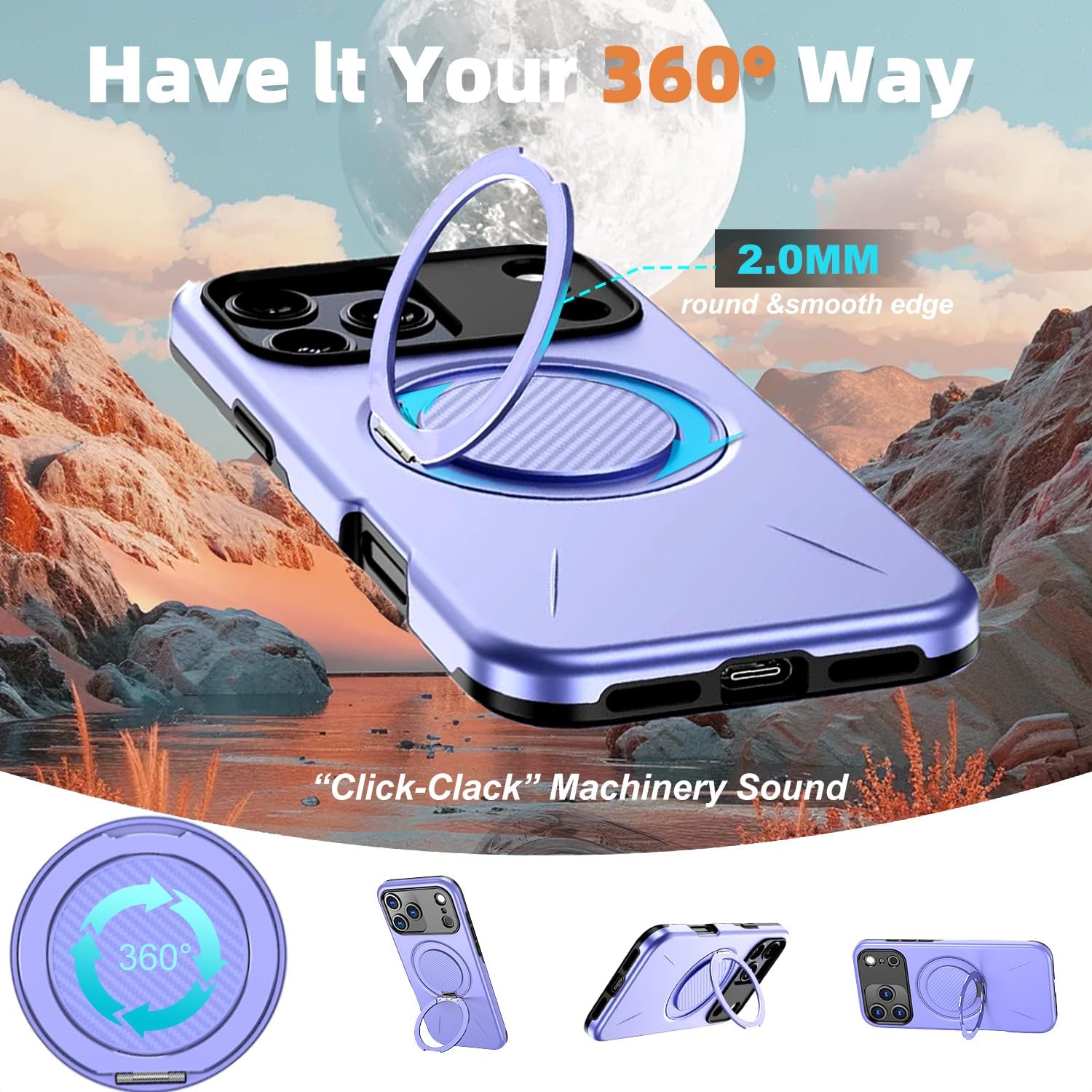 Case for iPhone 17 Pro Max Compatible with MagSafe with 360°Rotating Magnetic Stand Ring, Protective Glossy Dual Layer Slim Case with 1 Screen Protector for iPhone 17 Pro Max 6.9"(Purple)