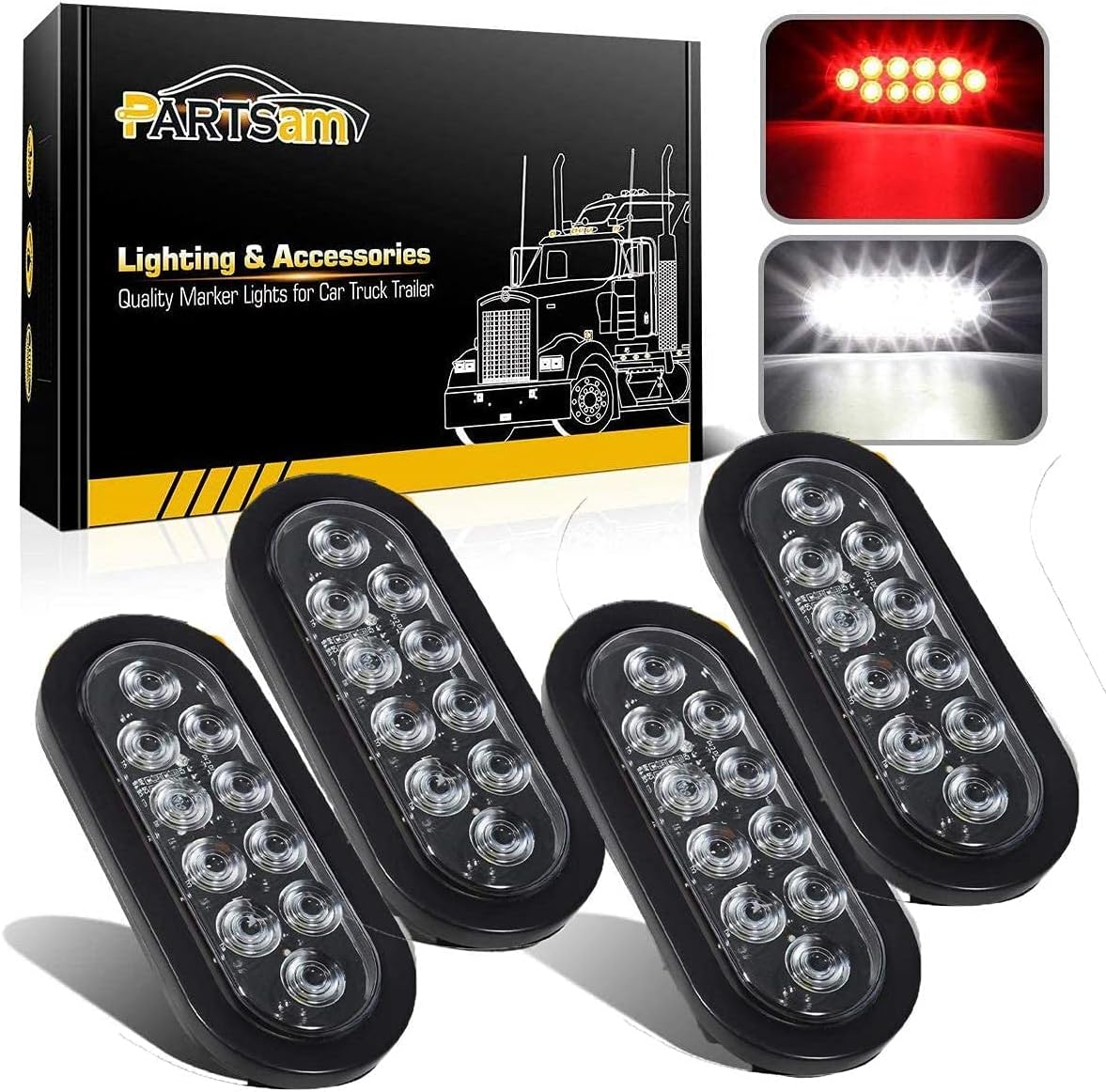Partsam 2 Red + 2 White 6" Oval LED Trailer Tail Light Kit [Grommets & Plugs Included] [Waterproof] Stop Brake Turn Reverse Back Up Trailer Lights for RV Truck Jeep