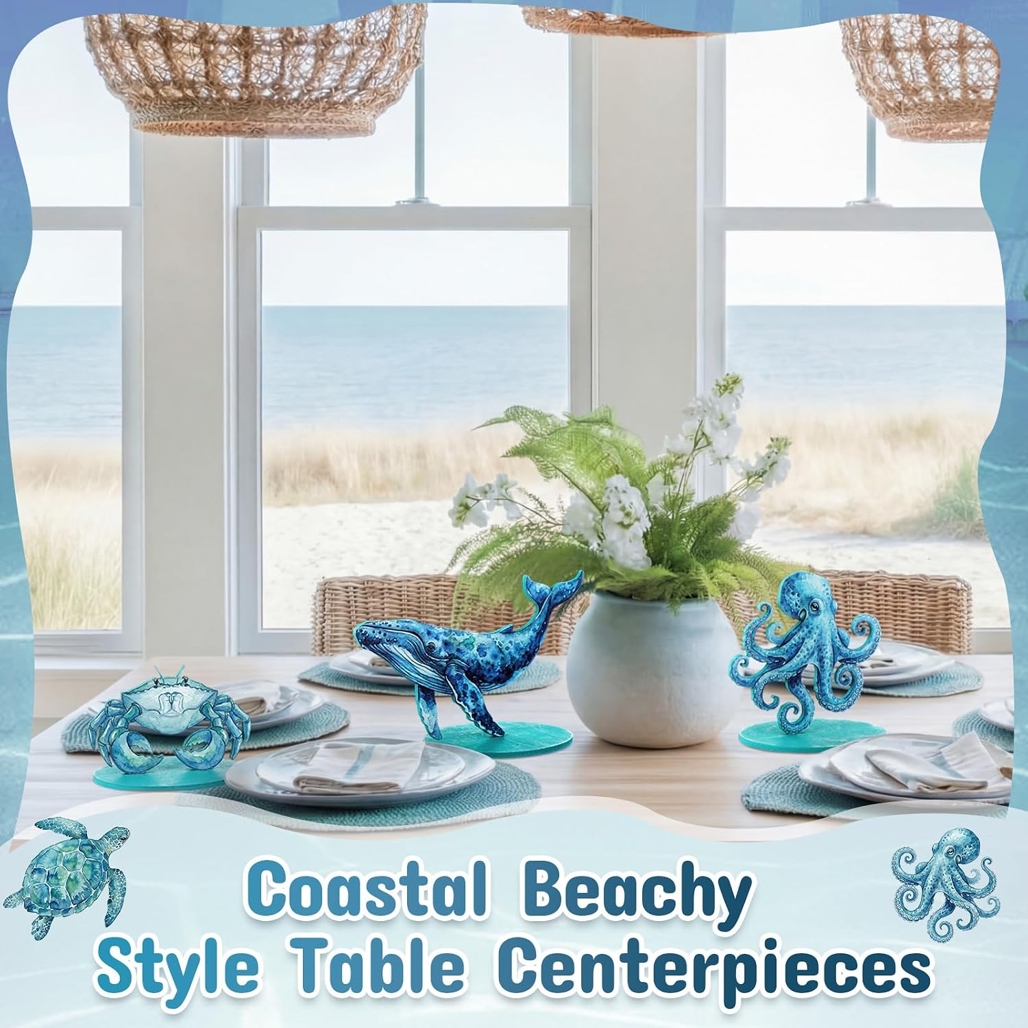 Wenqik 6 Sets Ocean Wooden Table Signs Beach Centerpiece Summer Under The Sea Decor Coastal Turtle Starfish Ocean Table Centerpiece Party Decor Home Decorations Holiday Birthday Beach Party Supplies