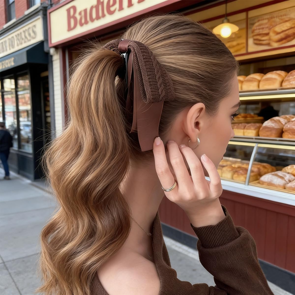 3 PCS Knitted Bow Banana Hair Clips Set, Large Cable Knit Banana Clips with Satin Ribbon Strong Hold Half Ponytail Bun Holder Fashion Non-Slip Hair Daily Clamps Elegant Accessories for Women Girls image 4