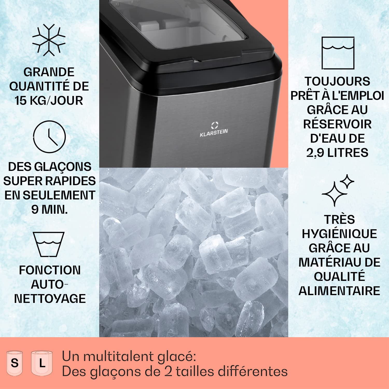 Klarstein Machine a Glacons pour la Maison, Capacité de 2,9L, Fabrique Rapidement Jusqu'à 15kg de Glacons en 2 Tailles Différentes, Machine à Glaçons, Ice Maker avec Commandes Tactiles, Autonettoyante
