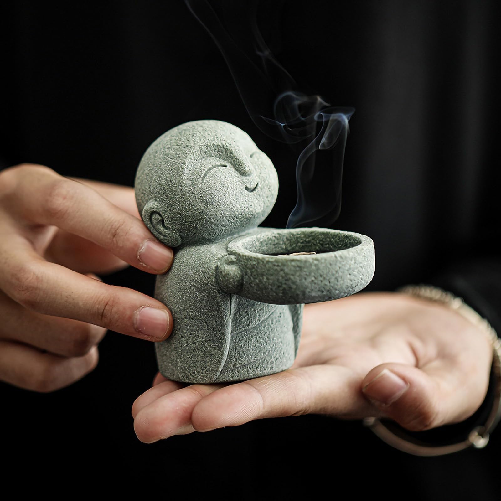 Sandstone Buddha Statue Candle & Incense Cone Holder, Small Jizo Figurine for Home Decor, Tiny Buddha Zen Monk Tealight Holder for Desk, Shelf or Nightstand, 3.5" H Mini Stone Decor Gift