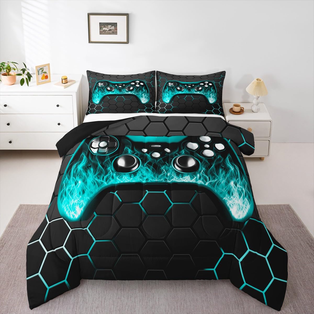 Erosebridal Juego de ropa de cama para niños, tamaño individual, juego de edredón de videojuegos para niños, decoración de habitación, ropa de cama de juegos, edredón geométrico azul y negro con