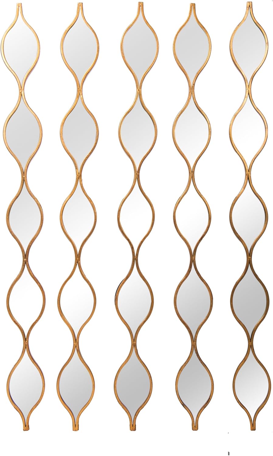 LakeHaven Set of 5 Tear Drop Wall Mirrors - 5.3x57.5 Inch Skinny Gold Foil Mirrors, Handcrafted Wrought Iron Frame for Narrow Walls, Vintage Boho Decor