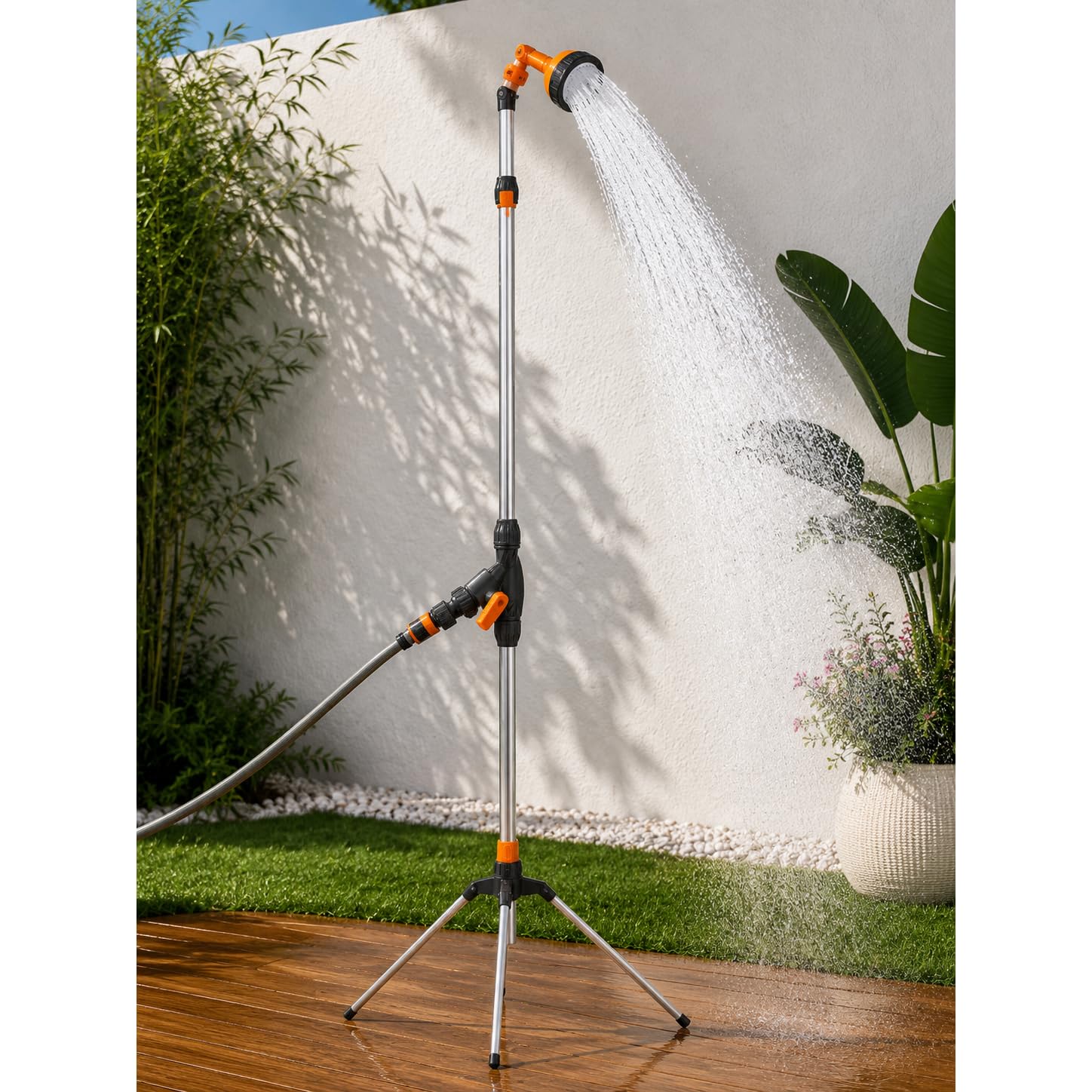 Acomoda Textil – Ducha de Jardín con Altura Regulable hasta 215 cm con Trípode Estable. Ducha de Aluminio con Conector Universal y Cabezal Orientable para Jardín, Piscina y Patio.