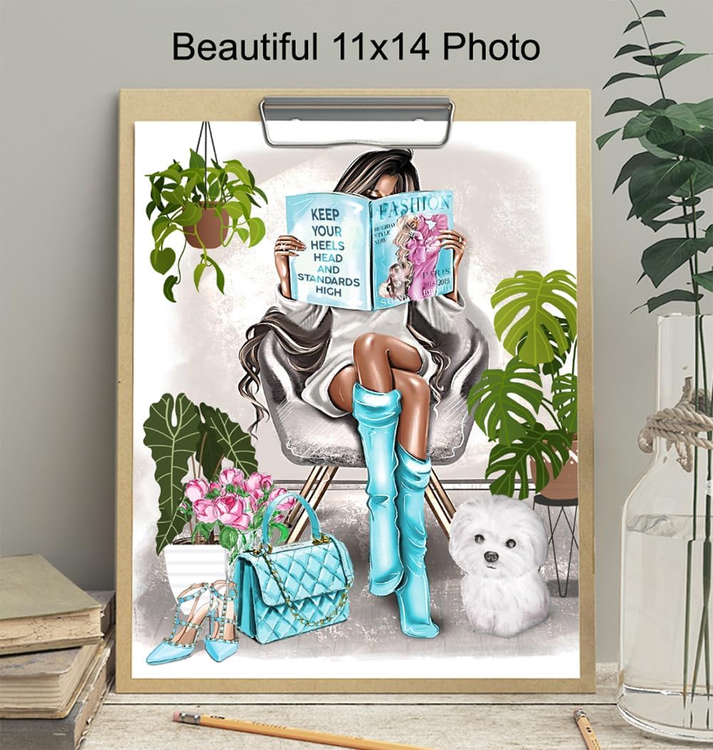 Glam Girls Bedroom Wall Art 11x14 - Living room, Teen Room - Blue Designer Wall Decor for Girls - Daughter gifts - Housewarming Gifts for Women - Black Girl, African American Woman Poster Picture