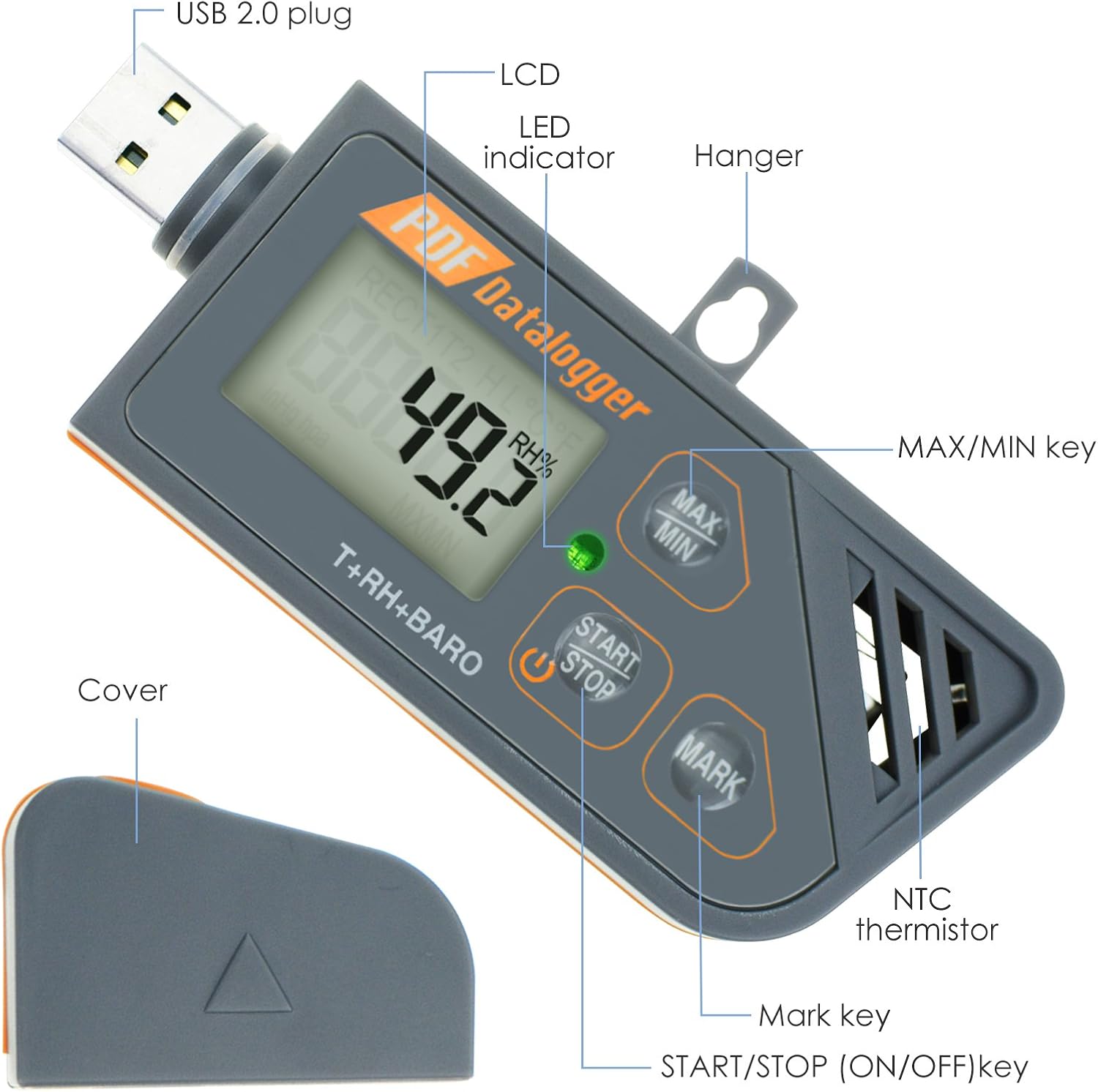 USB Temperature Logger Humidity Data Logger Barometric Recorder with Generate PDF and CSV Reports High Accuracy Cold Chain Storage IP65 Waterproof Compatible Windows XP, 7, 8, 10, 11